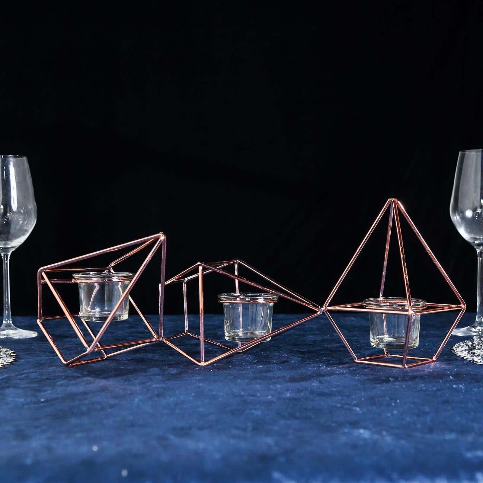 Set of Metal Candle Holders 16" Linked Geometric Design Rose Gold - Stylish Centerpieces with Votive Glass for Weddings & Events - Image 8