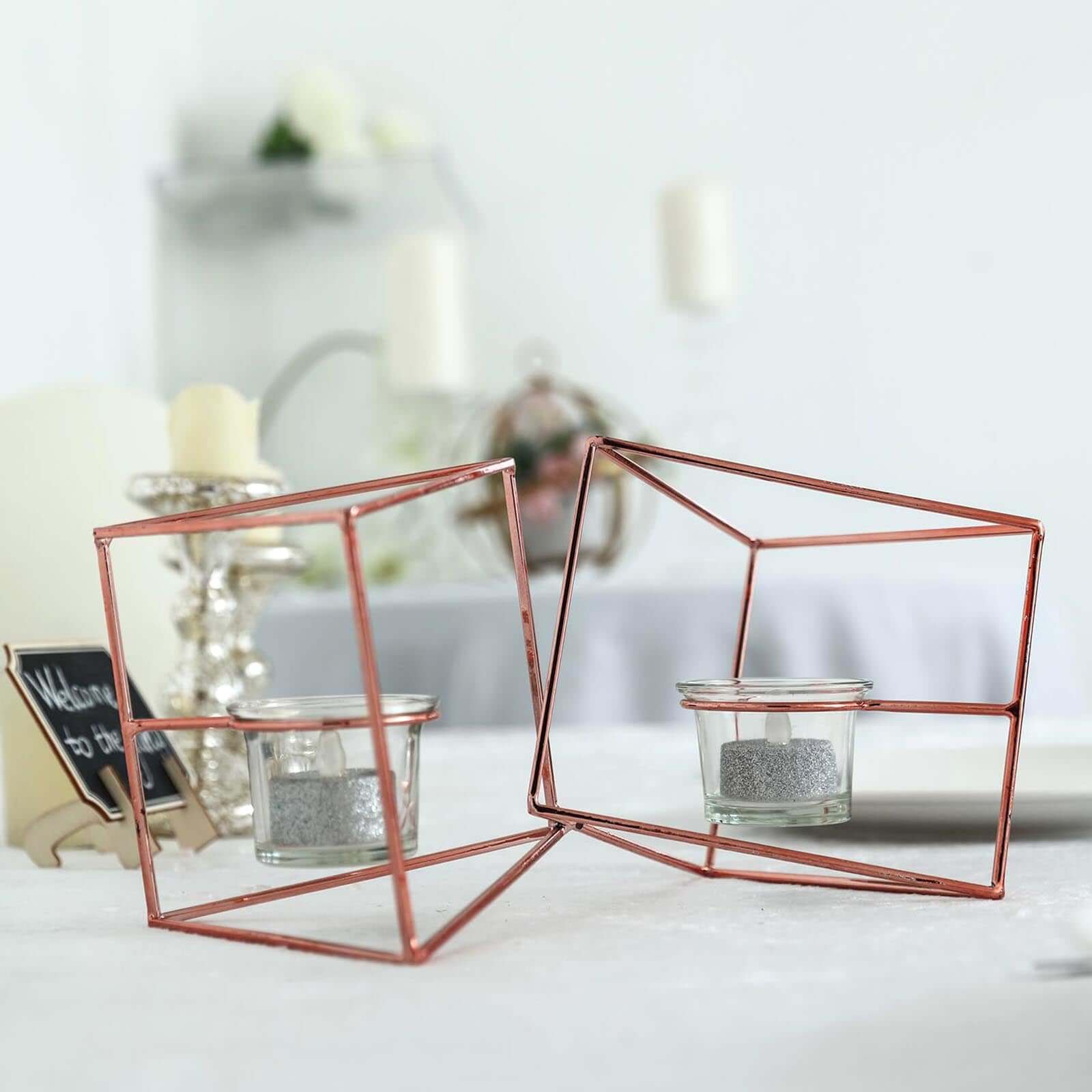 Set of Metal Candle Holders 9" Linked Geometric Design Rose Gold - Trendy Table Centerpieces with Votive Glass for Weddings - Image 2
