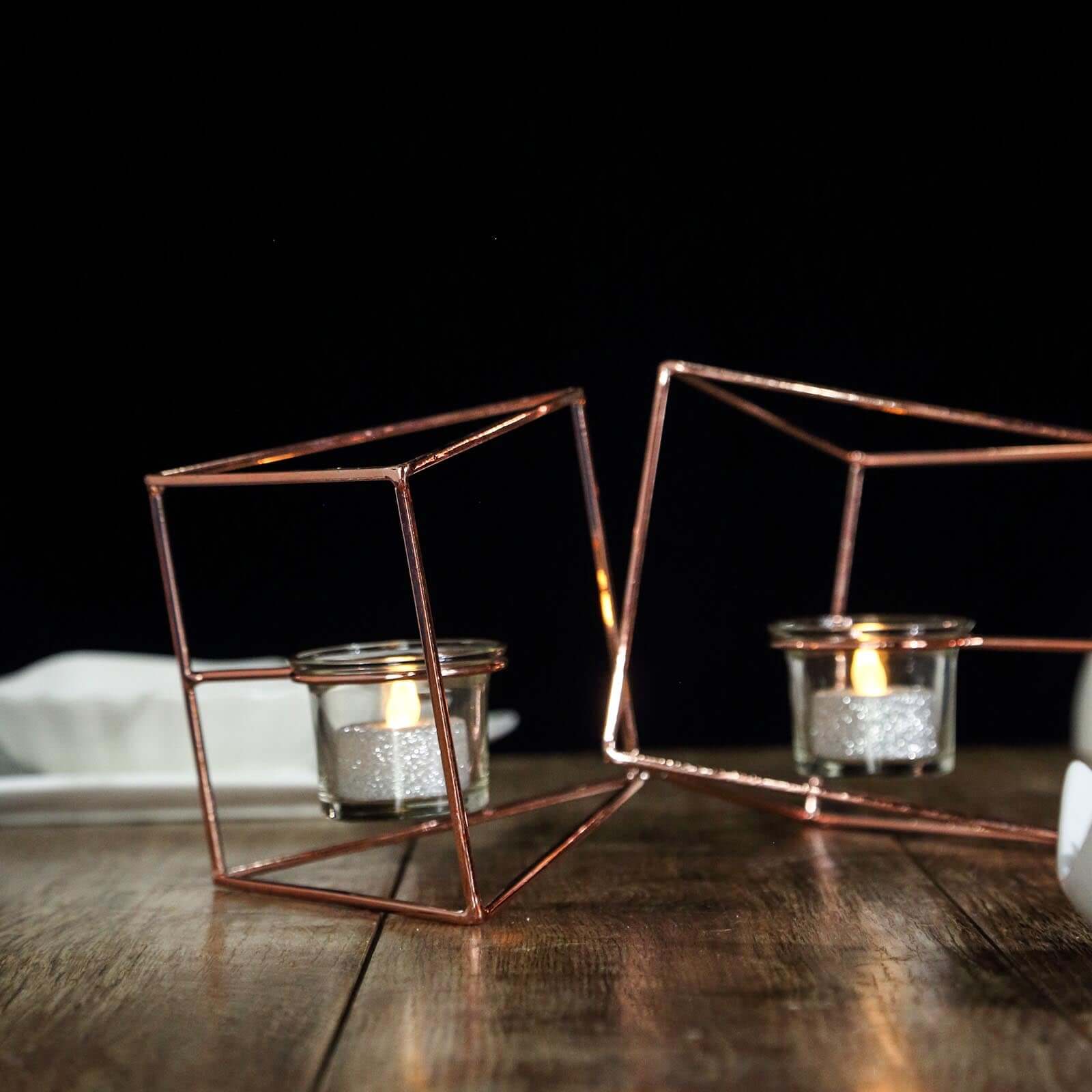 Set of Metal Candle Holders 9" Linked Geometric Design Rose Gold - Trendy Table Centerpieces with Votive Glass for Weddings - Image 9