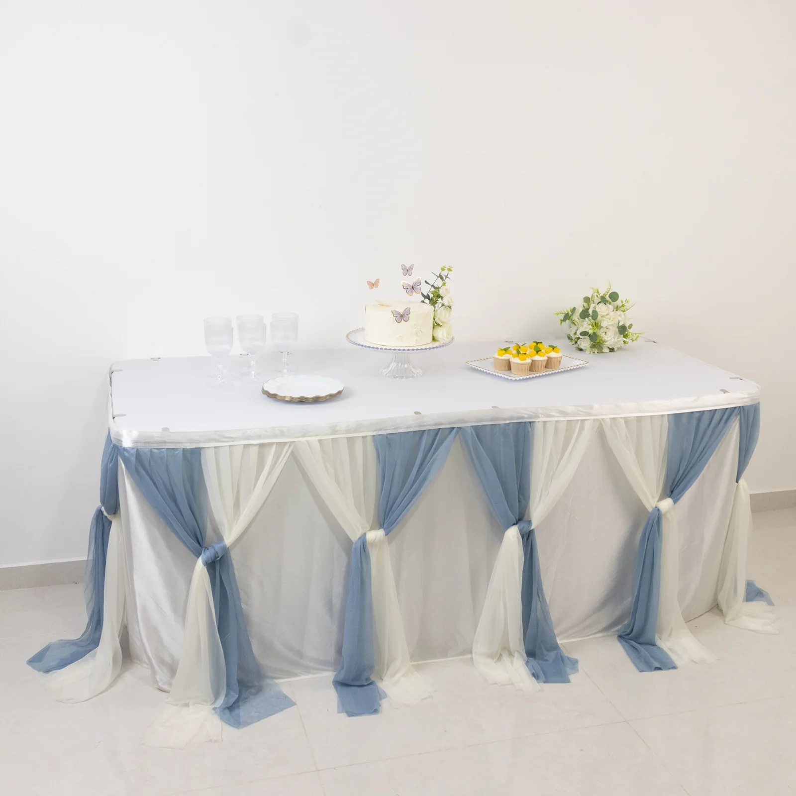 Sheer Chiffon Table Skirt 14ft Dusty Blue and Ivory – Pleated Ruffle Skirting with Polyester Backing, Shimmer Sheer, Wrinkle-Free Fabric - Image 2