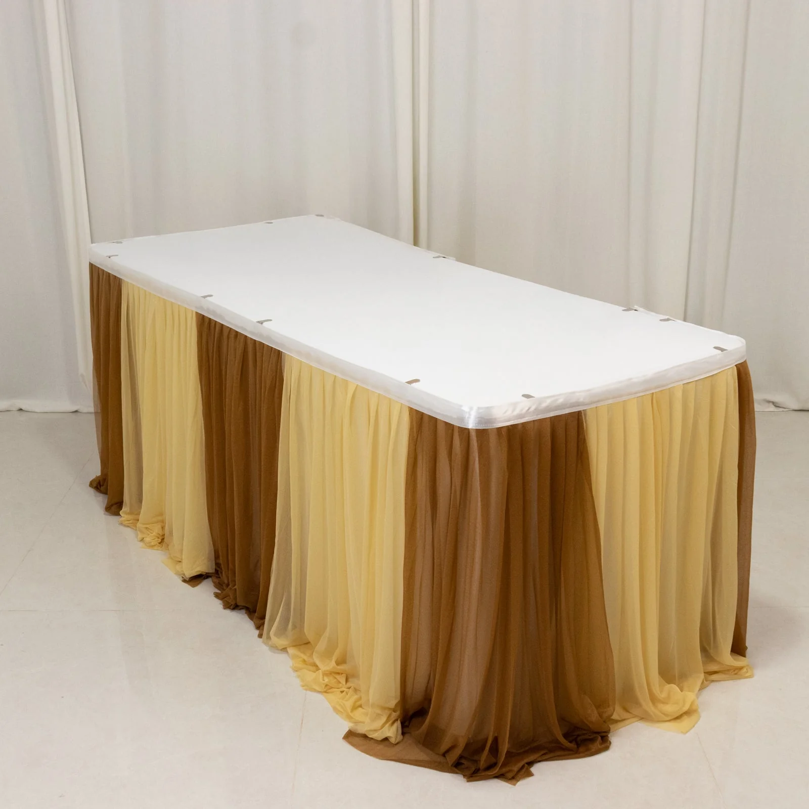 Sheer Chiffon Table Skirt 14ft Champagne and Gold – Pleated Ruffle Skirting with Polyester Backing, Shimmer Sheer, Wrinkle-Free Fabric - Image 3