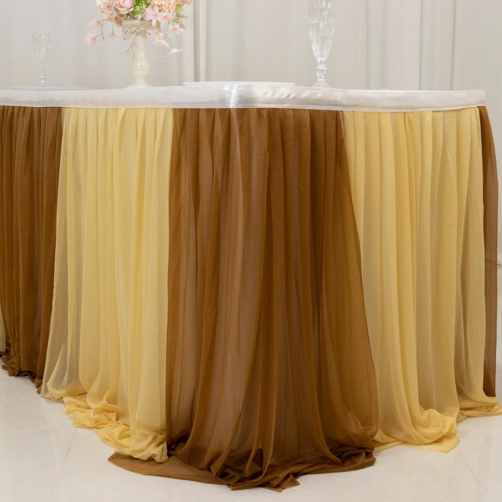 Sheer Chiffon Table Skirt 14ft Champagne and Gold – Pleated Ruffle Skirting with Polyester Backing, Shimmer Sheer, Wrinkle-Free Fabric - Image 8