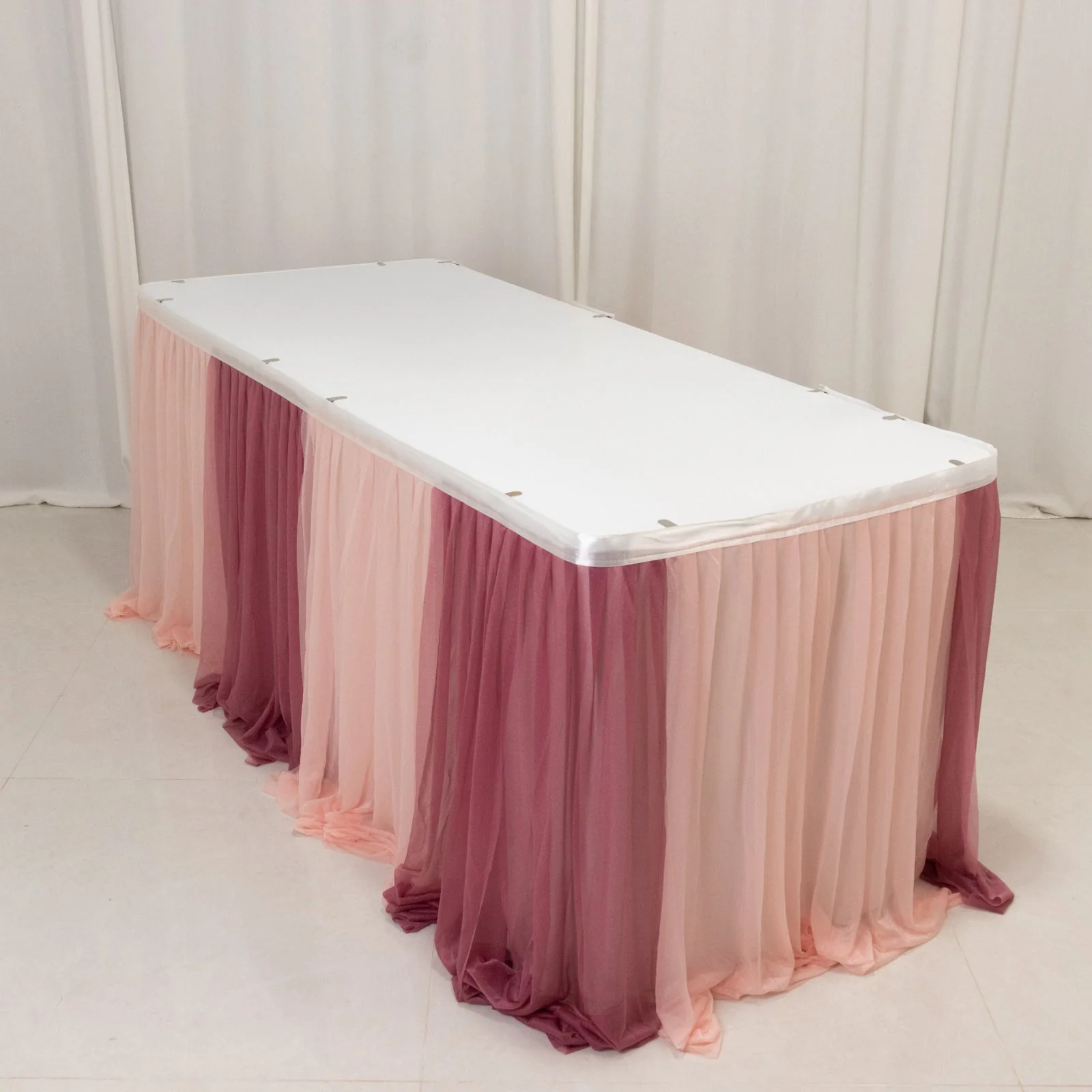 Sheer Chiffon Table Skirt 14ft Mauve and Blush – Pleated Ruffle Skirting with Polyester Backing, Shimmer Sheer, Wrinkle-Free Fabric - Image 3