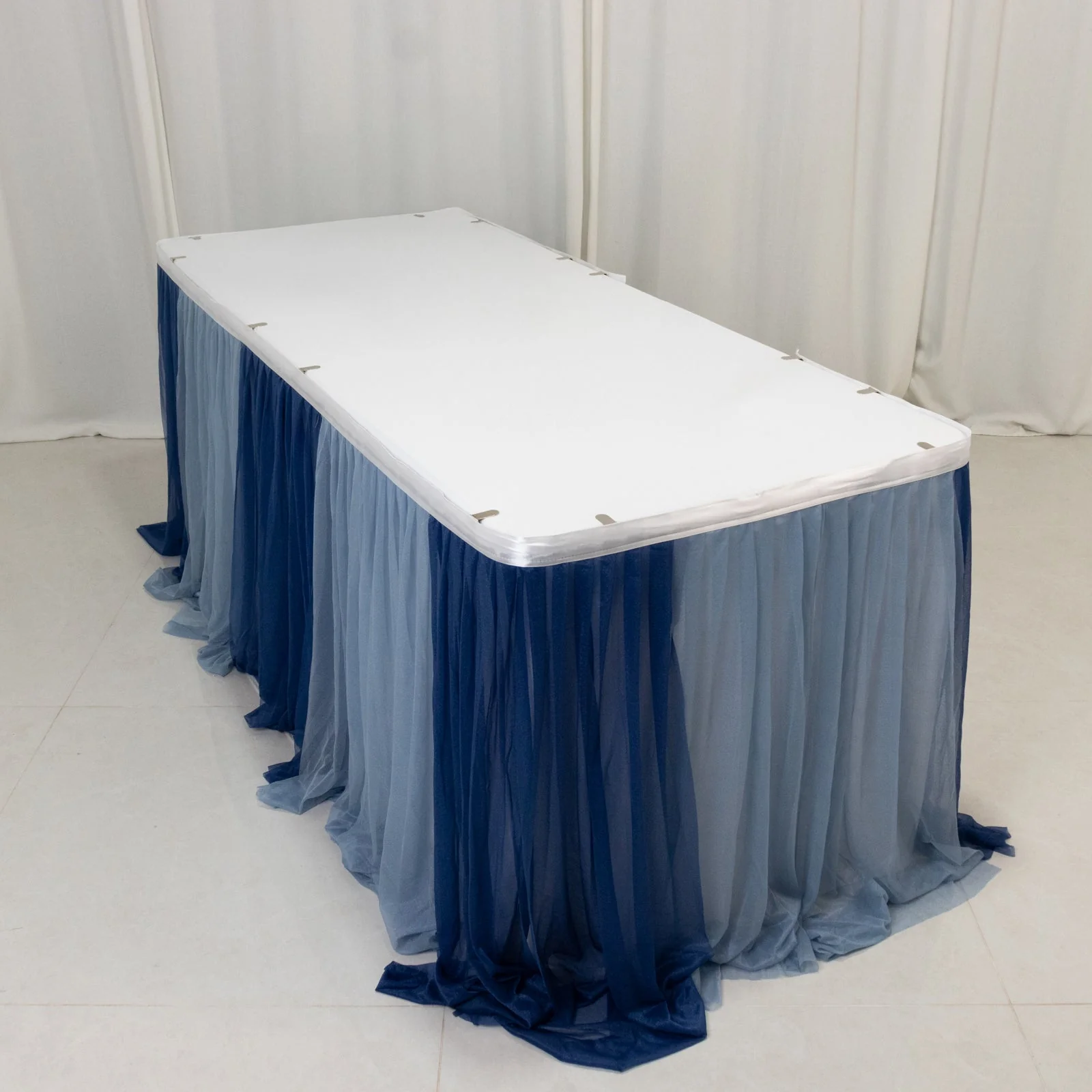 Sheer Chiffon Table Skirt 14ft Navy Blue and Dusty Blue – Pleated Ruffle Skirting with Polyester Backing, Shimmer Sheer, Wrinkle-Free Fabric - Image 3