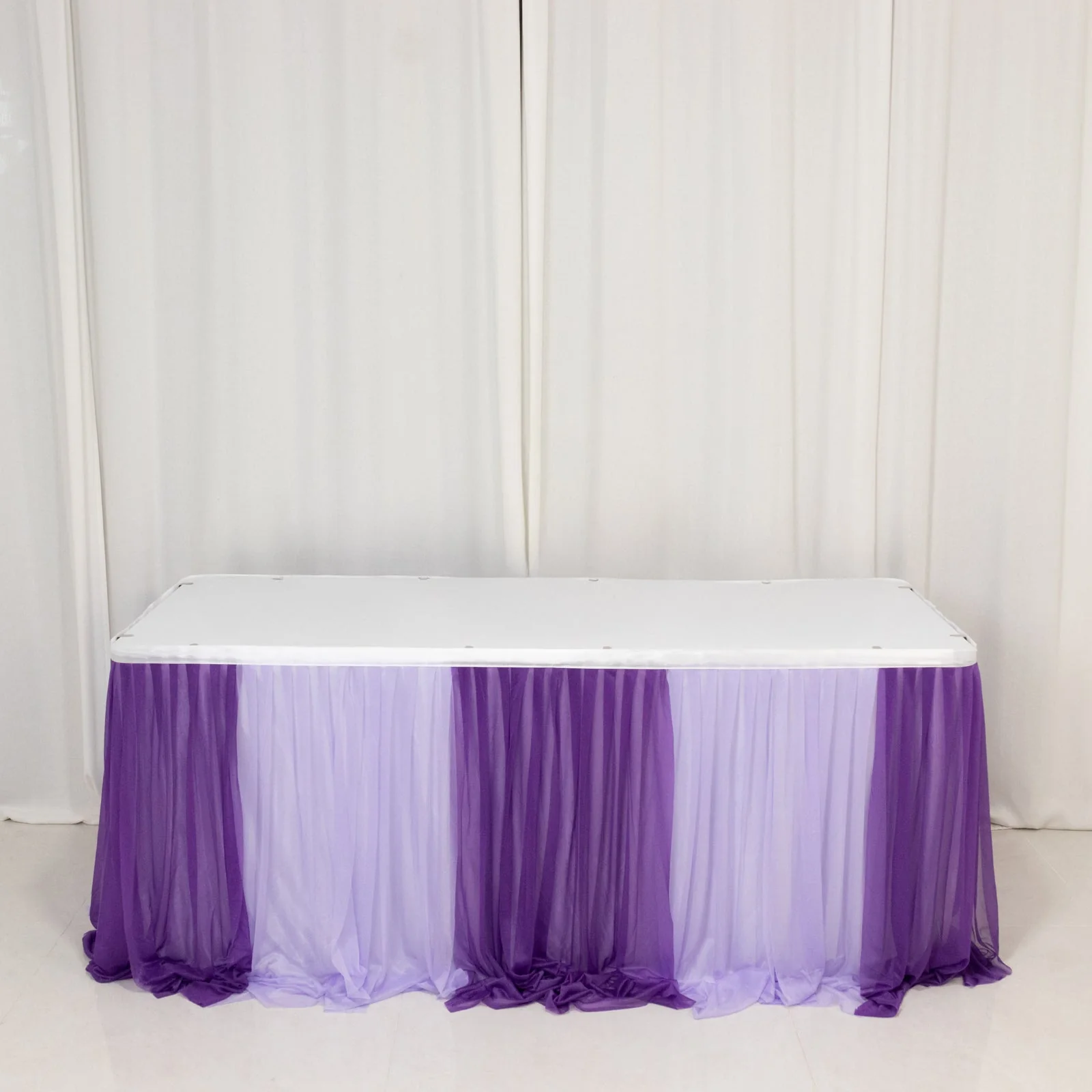 Sheer Chiffon Table Skirt 14ft Purple and Lavender – Pleated Ruffle Skirting with Polyester Backing, Shimmer Sheer, Wrinkle-Free Fabric