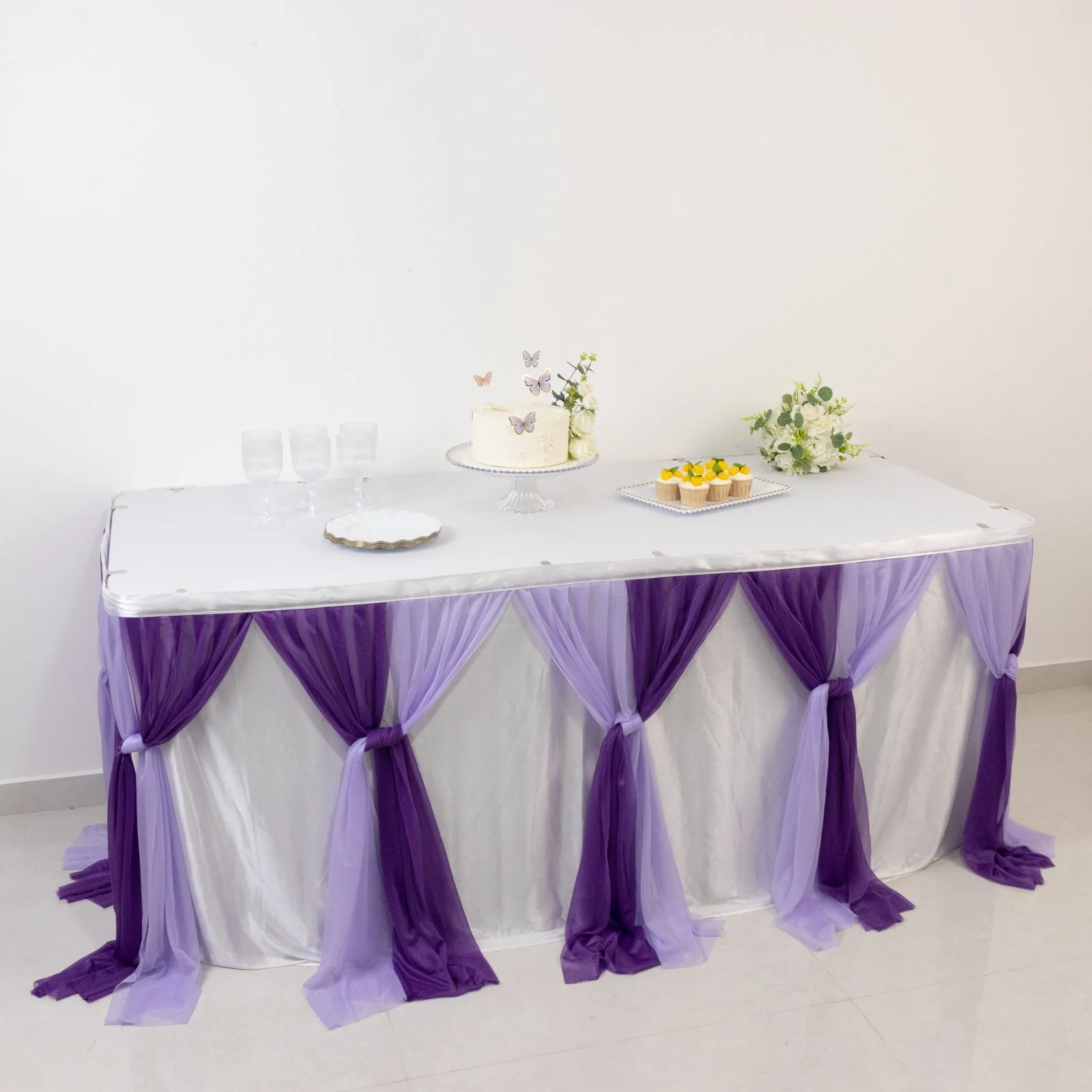 Sheer Chiffon Table Skirt 14ft Purple and Lavender – Pleated Ruffle Skirting with Polyester Backing, Shimmer Sheer, Wrinkle-Free Fabric - Image 2