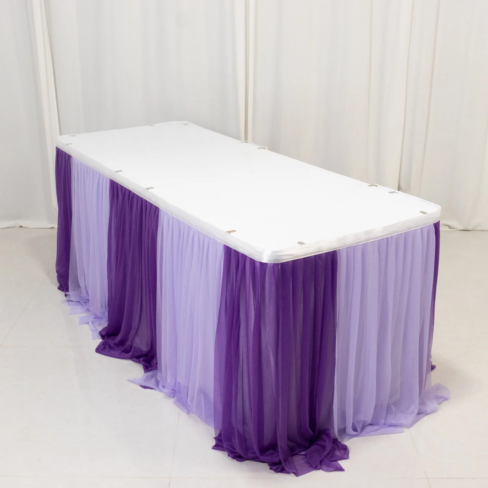 Sheer Chiffon Table Skirt 14ft Purple and Lavender – Pleated Ruffle Skirting with Polyester Backing, Shimmer Sheer, Wrinkle-Free Fabric - Image 3