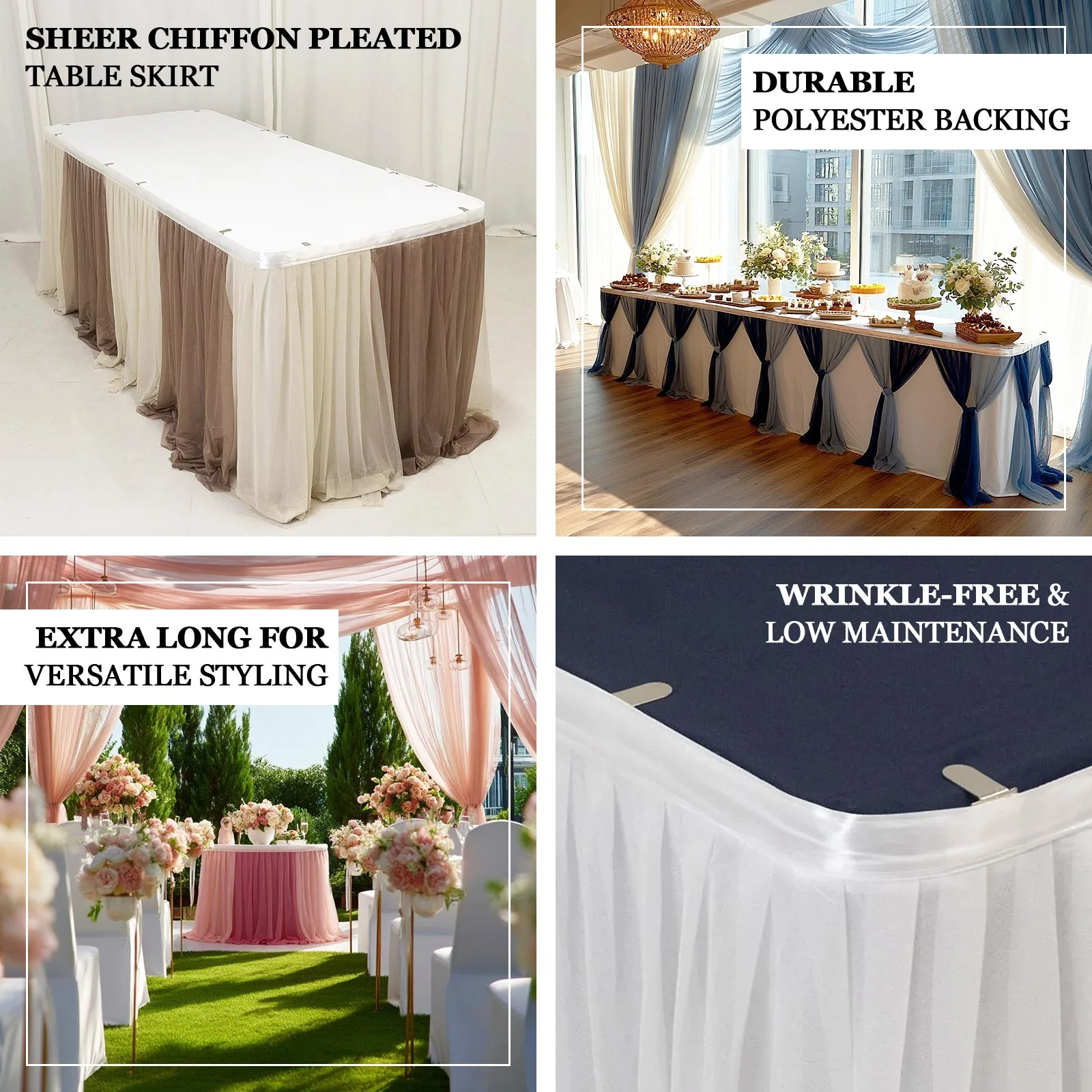 Sheer Chiffon Table Skirt 14ft White  – Pleated Ruffle Skirting with Polyester Backing, Shimmer Sheer, Wrinkle-Free Fabric - Image 4