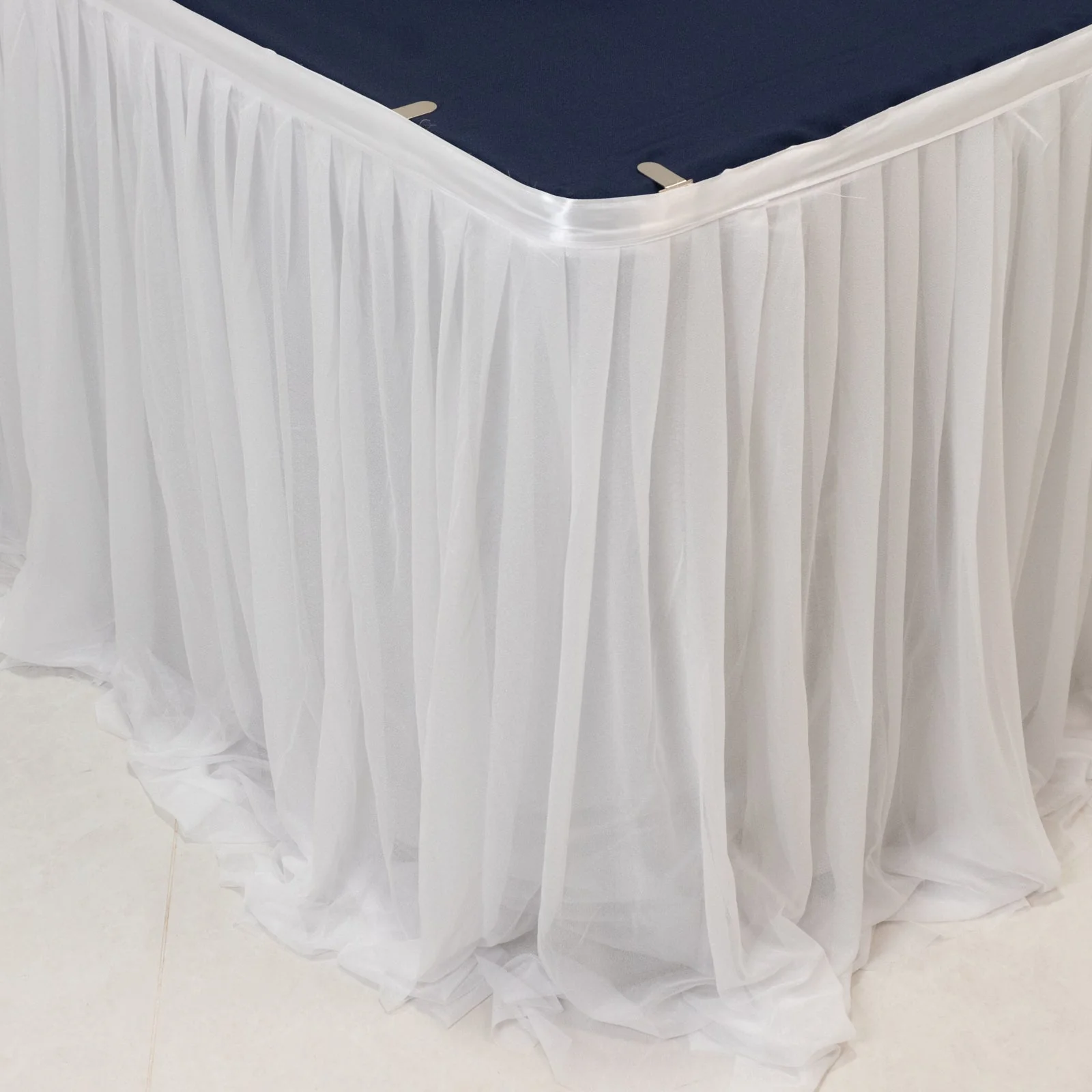 Sheer Chiffon Table Skirt 14ft White  – Pleated Ruffle Skirting with Polyester Backing, Shimmer Sheer, Wrinkle-Free Fabric - Image 8