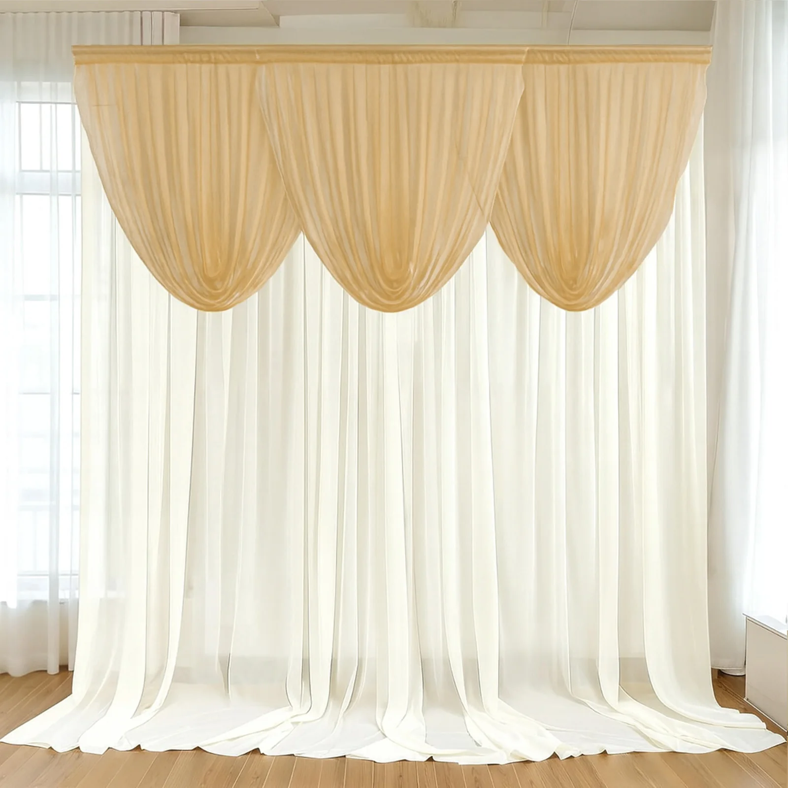 Sheer Chiffon Backdrop Valance Drapes – 4ft x 4ft Champagne Curved Swag Topper Panel