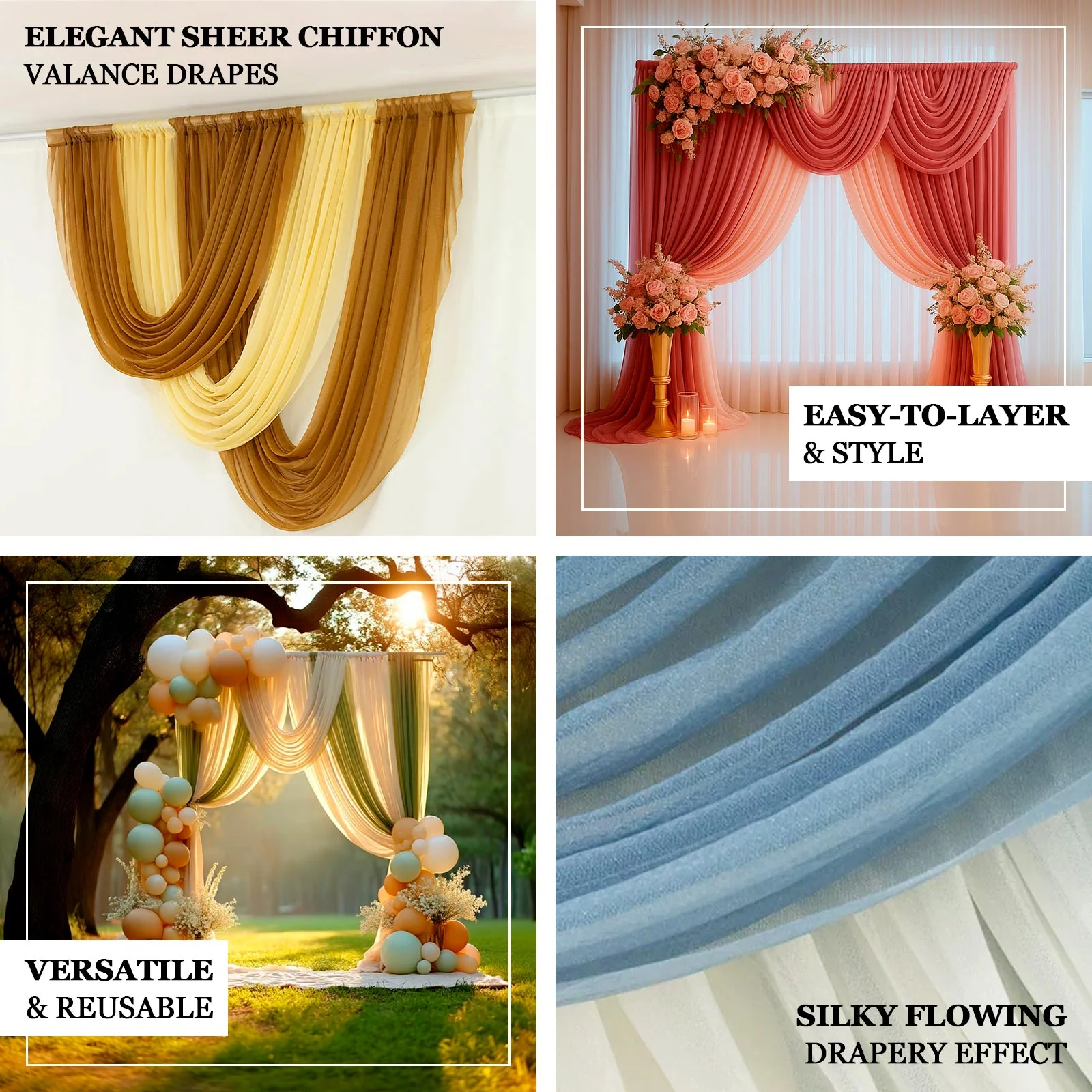 Sheer Chiffon Backdrop Valance Drapes – 4ft x 4ft Champagne Curved Swag Topper Panel - Image 4