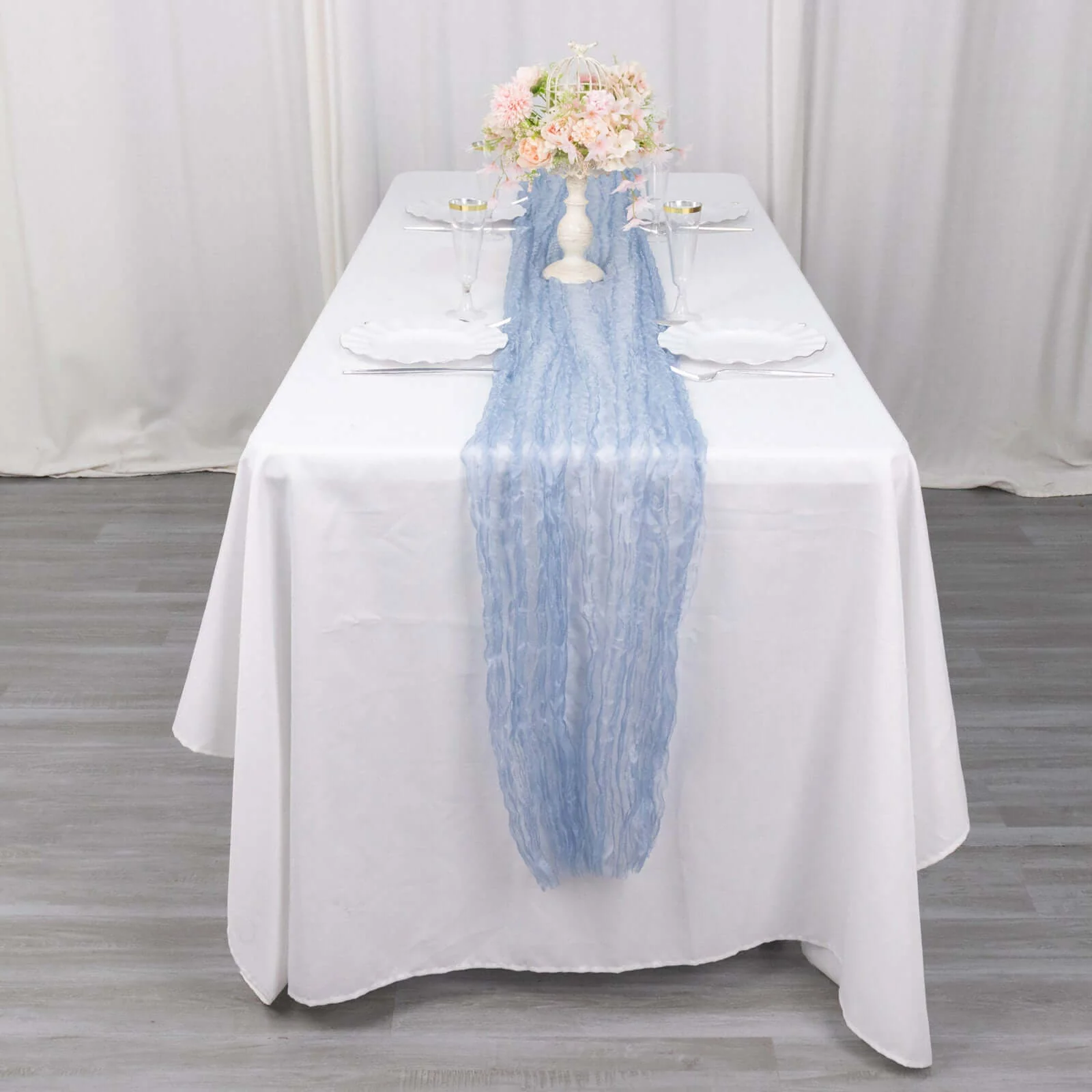 Sheer Crinkled Organza Table Runner 9ft Dusty Blue - Shimmer Chiffon Table Linen - Image 7