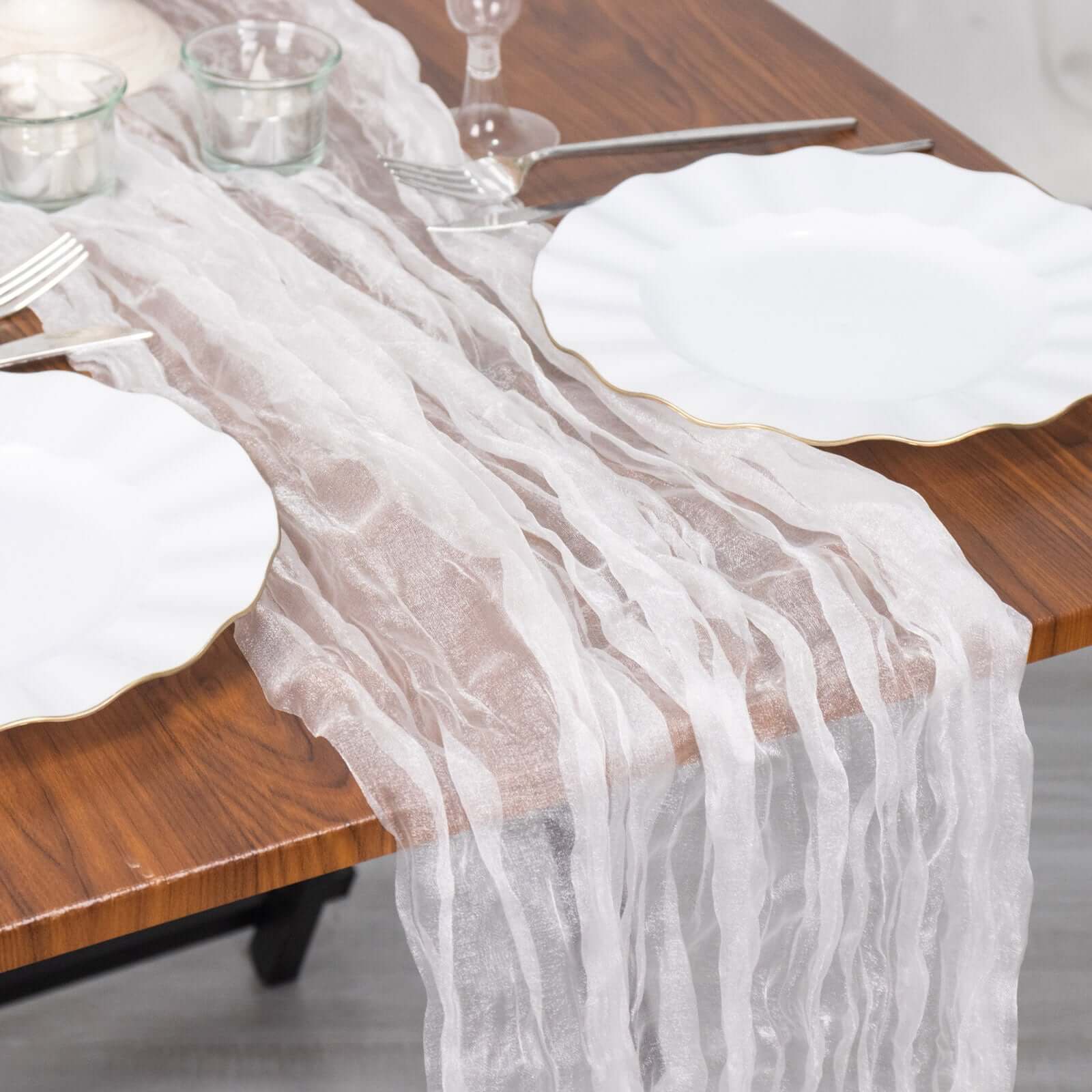 Sheer Crinkled Organza Table Runner 9ft White - Rustic Style Shimmer Chiffon Table Linen - Image 3