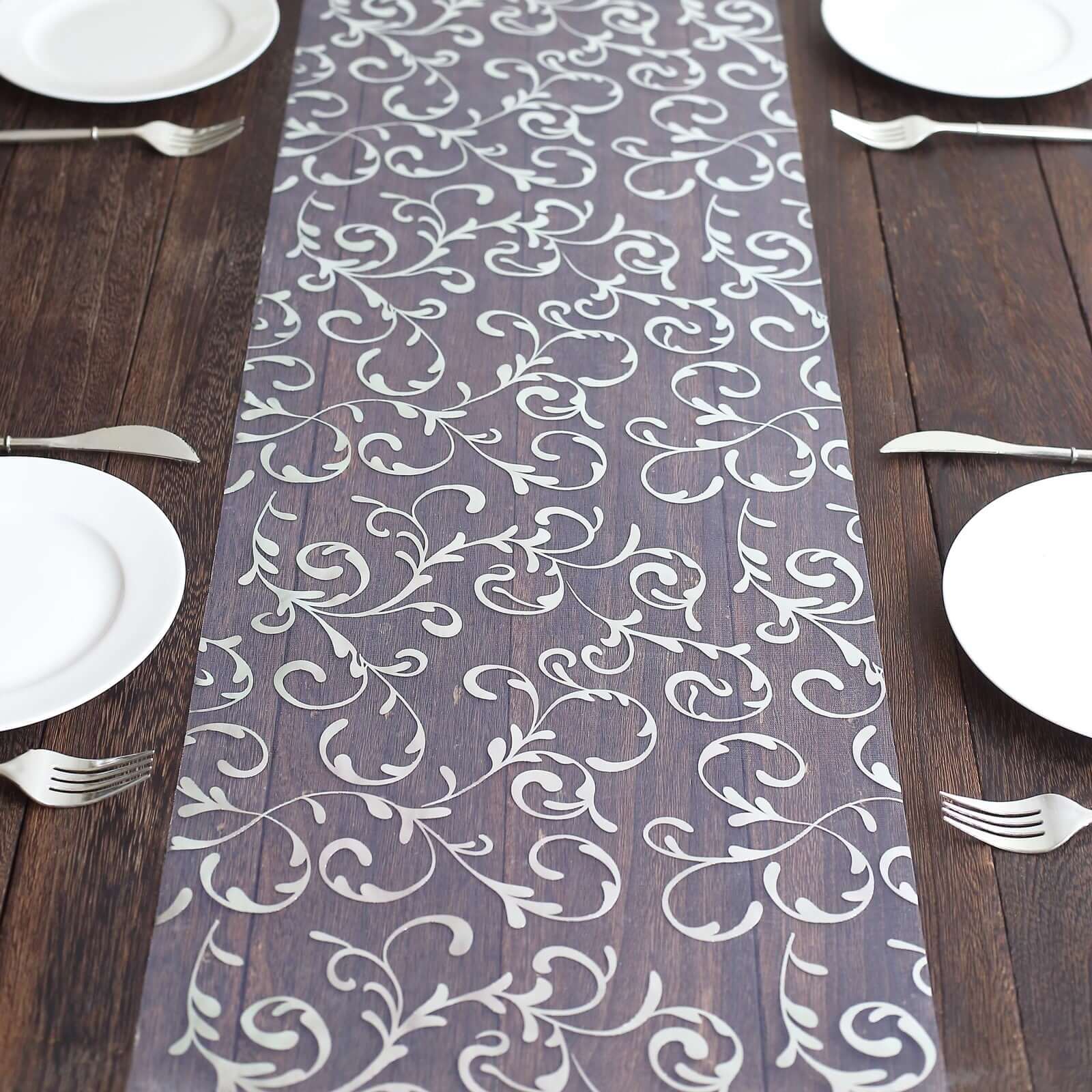Sheer Organza Table Runner Roll 12"x108" Metallic Silver Foil Embossed Floral Design - Disposable Tale Decor