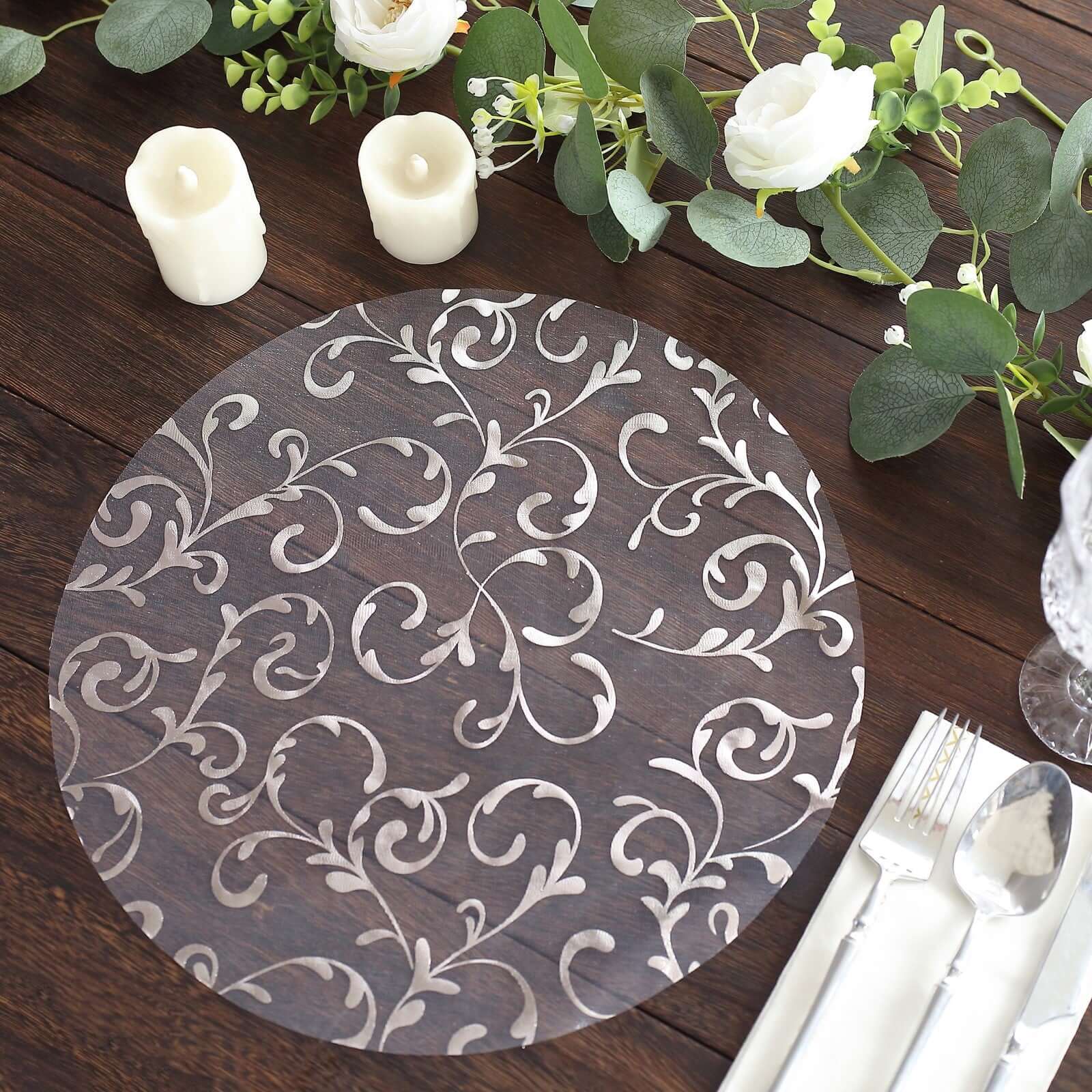 10-Pack Organza Table Placemats 13" Round Embossed Foil Flower Design Metallic Silver - Sheer Disposable Dining Mats