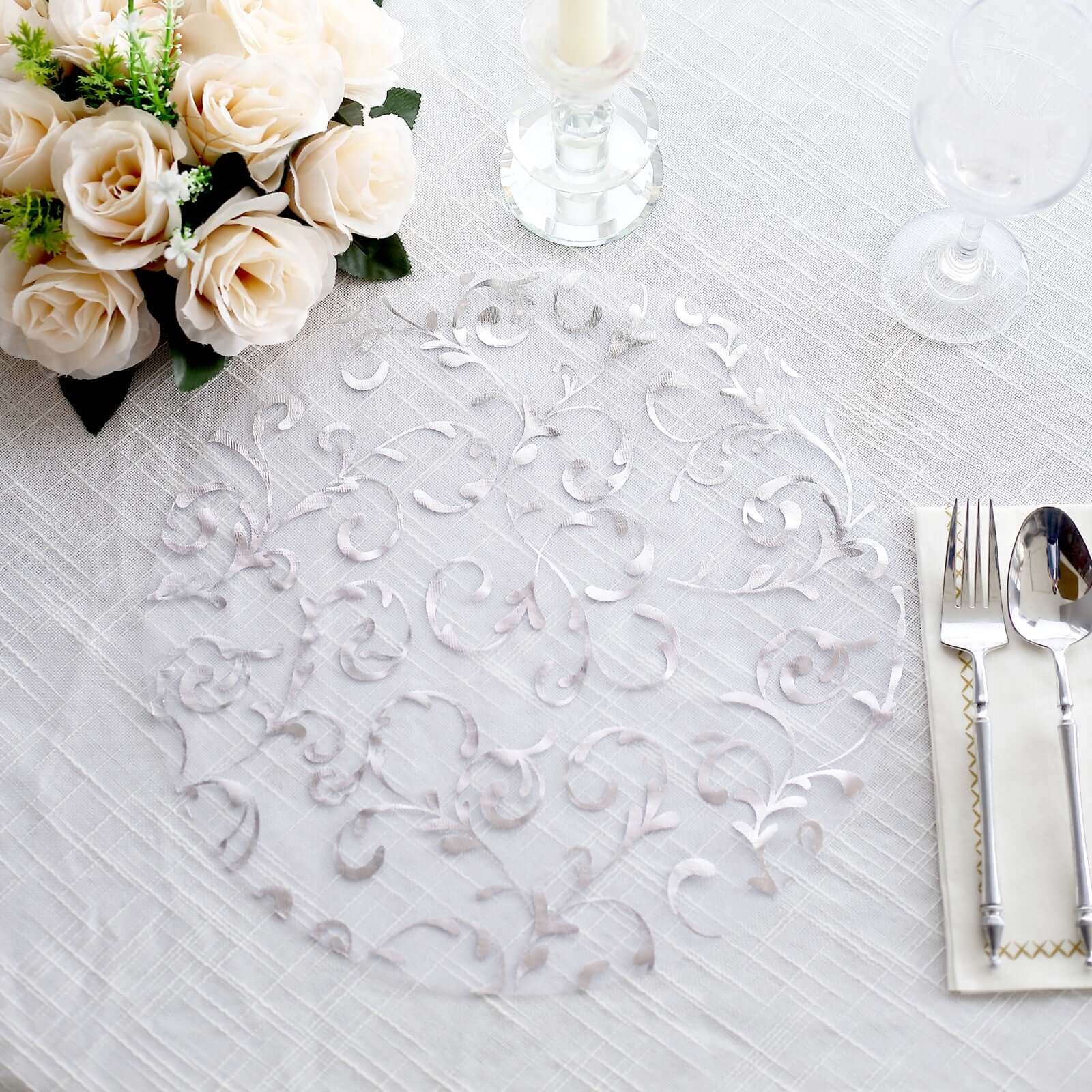 10-Pack Organza Table Placemats 13" Round Embossed Foil Flower Design Metallic Silver - Sheer Disposable Dining Mats - Image 7