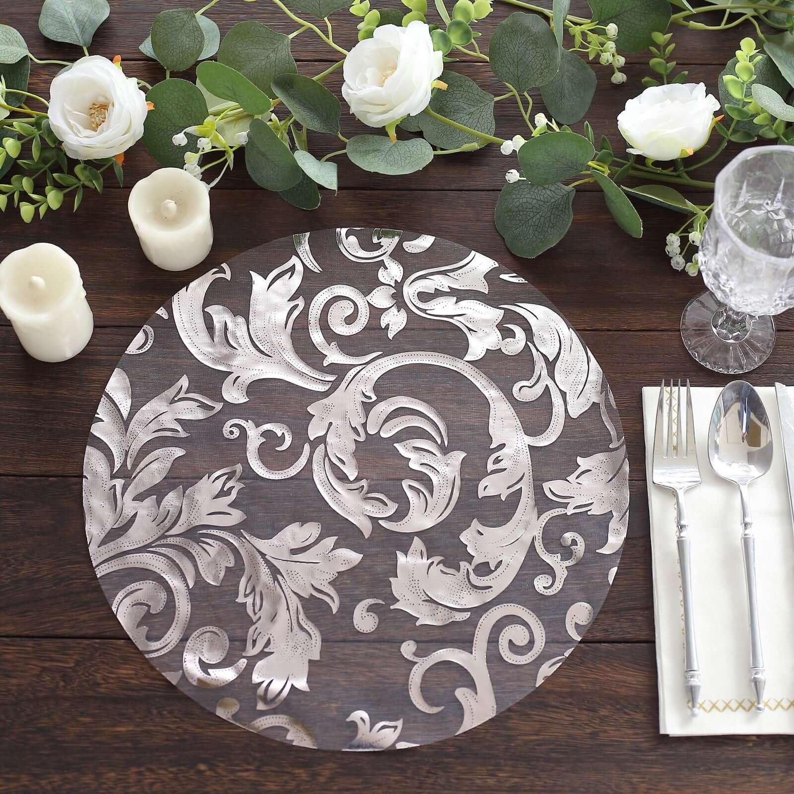 10-Pack Organza Table Placemats 13" Round Swirl Foil Floral Design Metallic Silver - Sheer Disposable Dining Mats