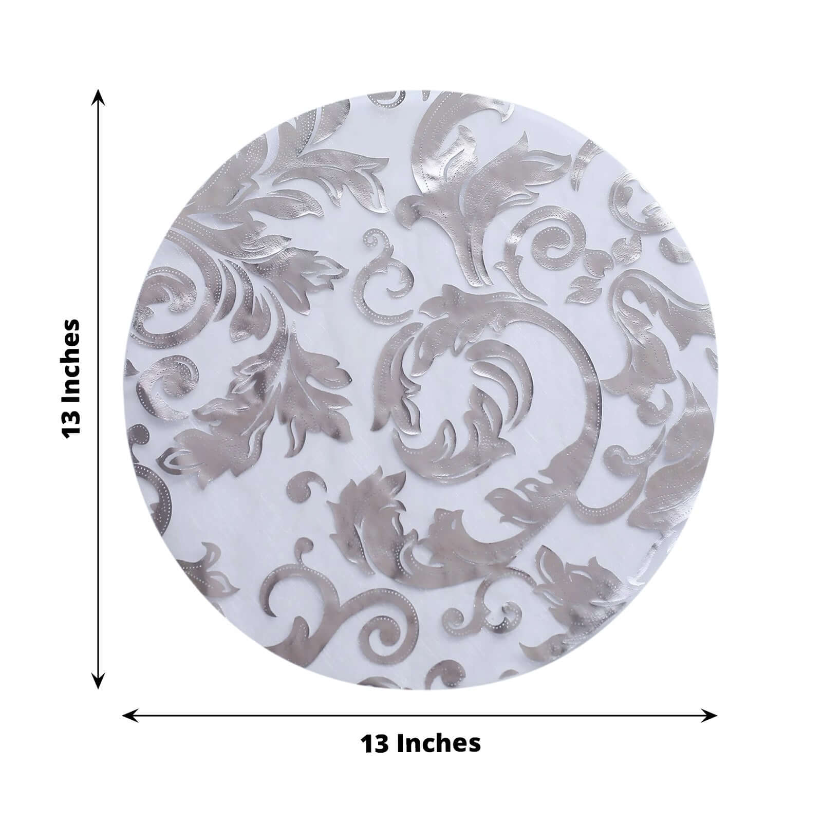 10-Pack Organza Table Placemats 13" Round Swirl Foil Floral Design Metallic Silver - Sheer Disposable Dining Mats - Image 3