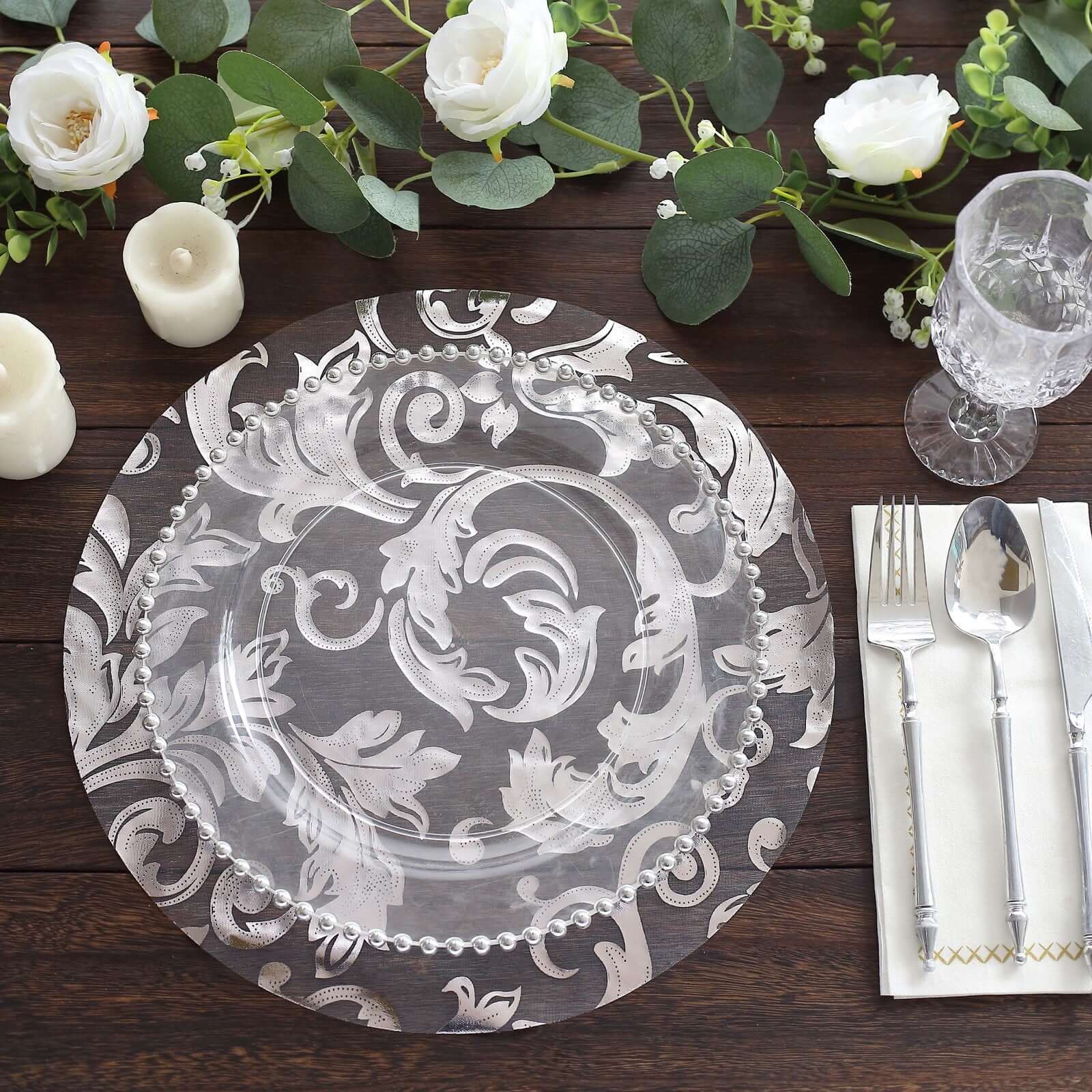 10-Pack Organza Table Placemats 13" Round Swirl Foil Floral Design Metallic Silver - Sheer Disposable Dining Mats - Image 5