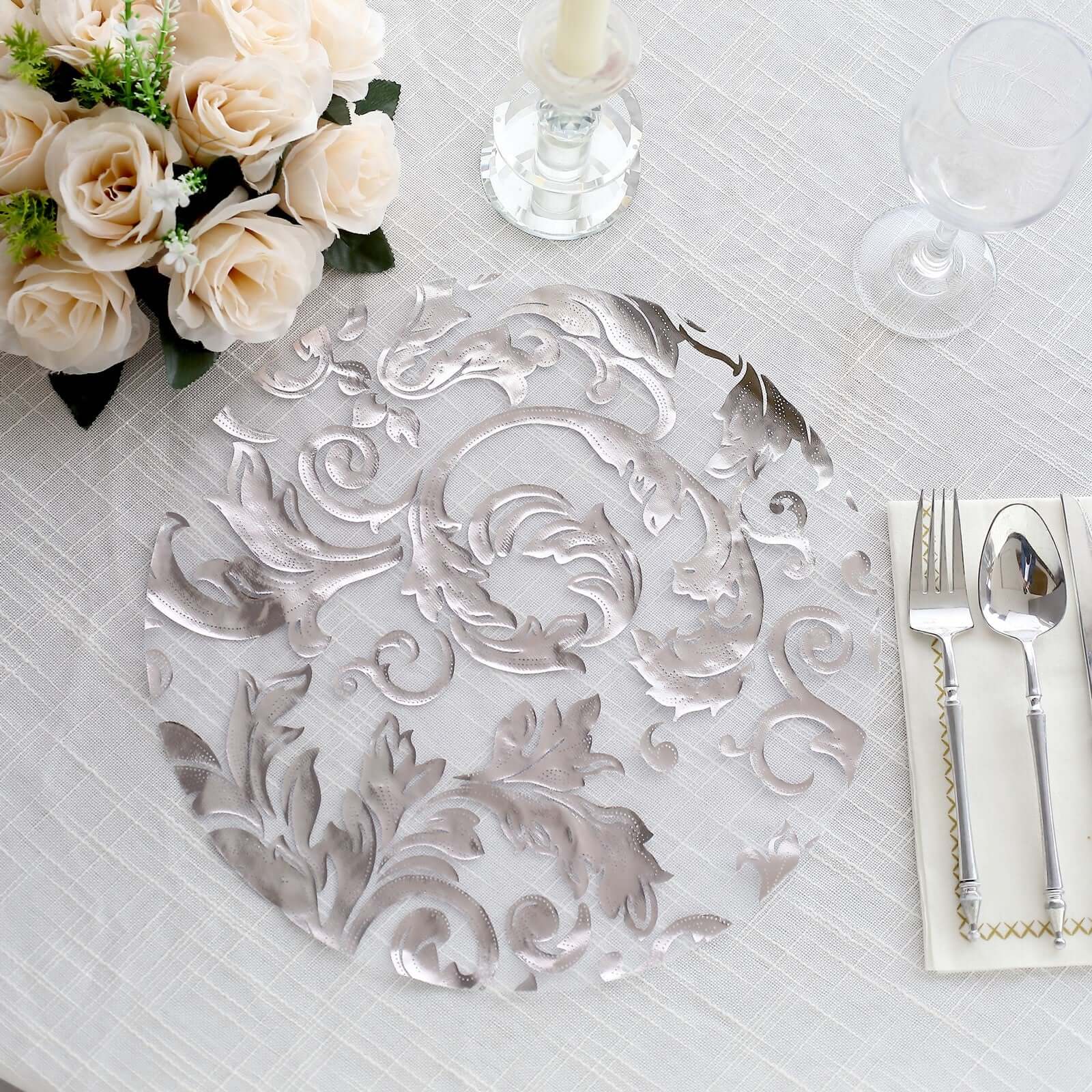 10-Pack Organza Table Placemats 13" Round Swirl Foil Floral Design Metallic Silver - Sheer Disposable Dining Mats - Image 6