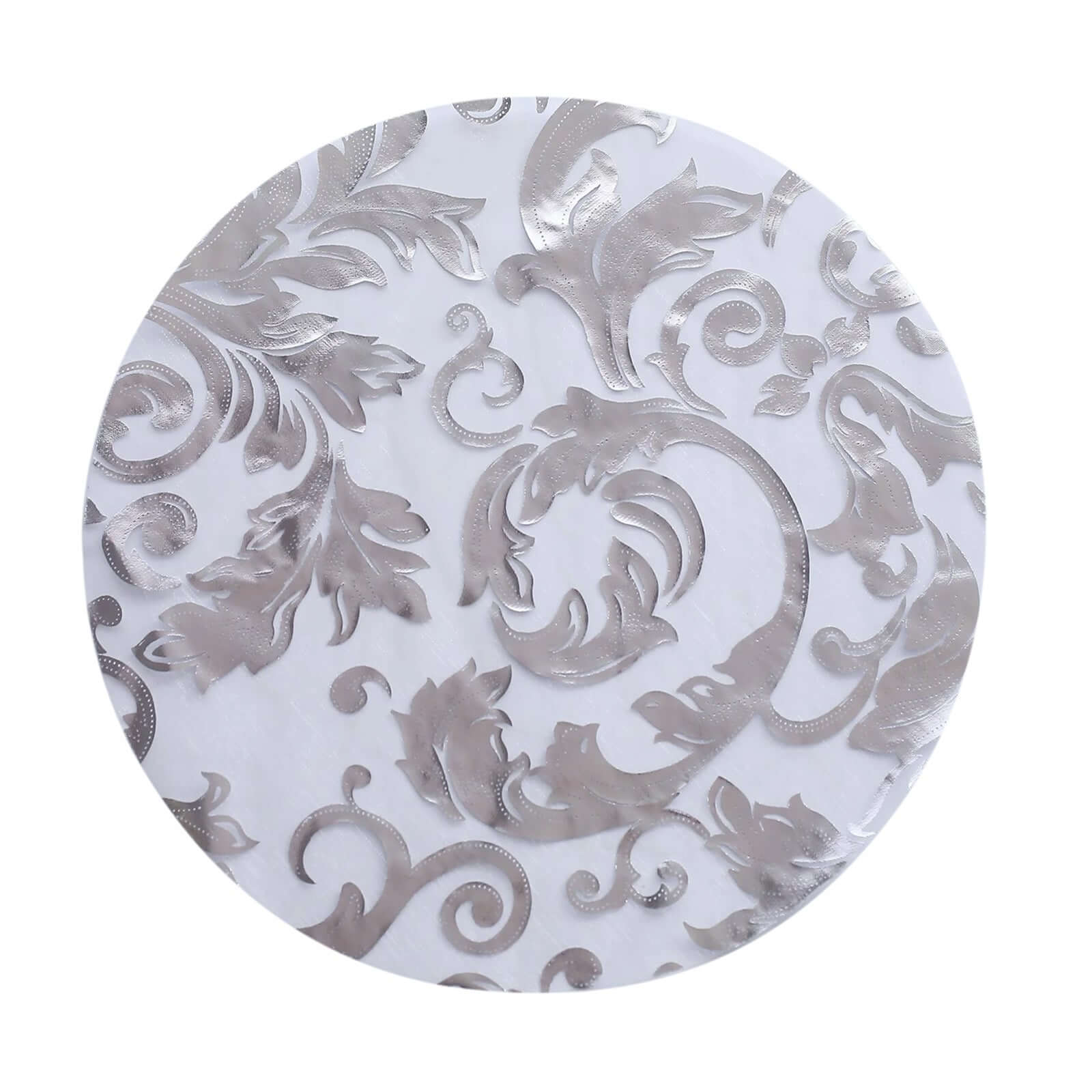 10-Pack Organza Table Placemats 13" Round Swirl Foil Floral Design Metallic Silver - Sheer Disposable Dining Mats - Image 7