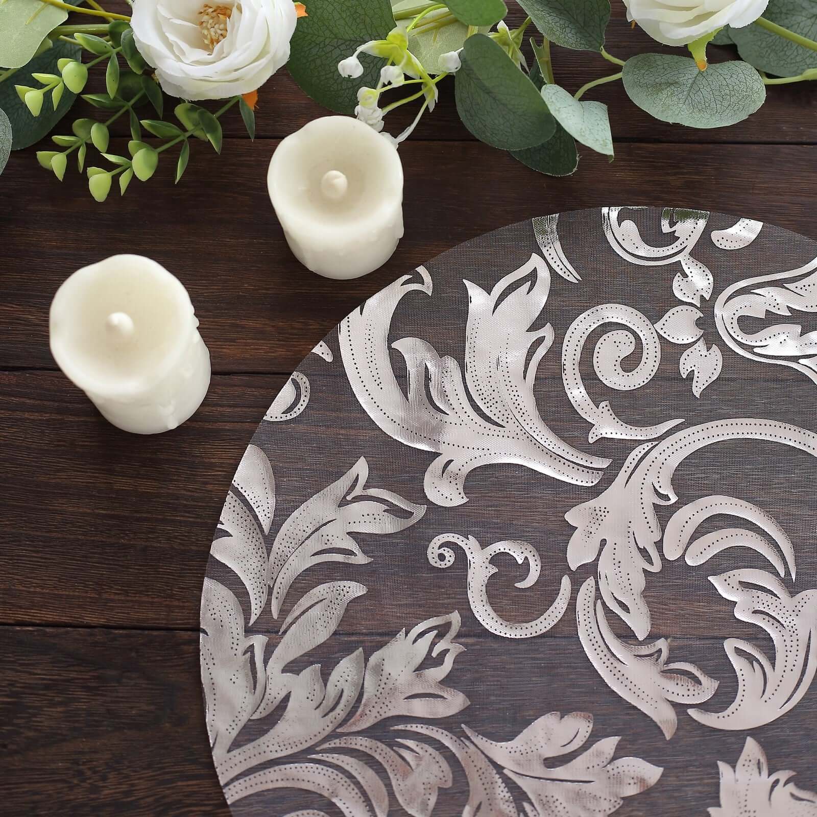 10-Pack Organza Table Placemats 13" Round Swirl Foil Floral Design Metallic Silver - Sheer Disposable Dining Mats - Image 8