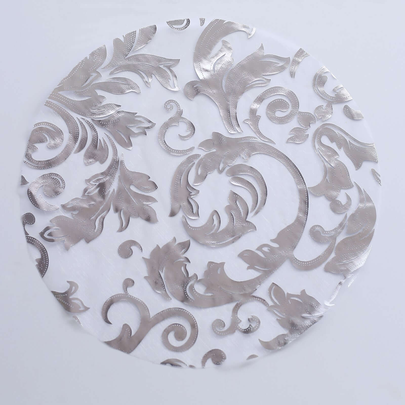 10-Pack Organza Table Placemats 13" Round Swirl Foil Floral Design Metallic Silver - Sheer Disposable Dining Mats - Image 9