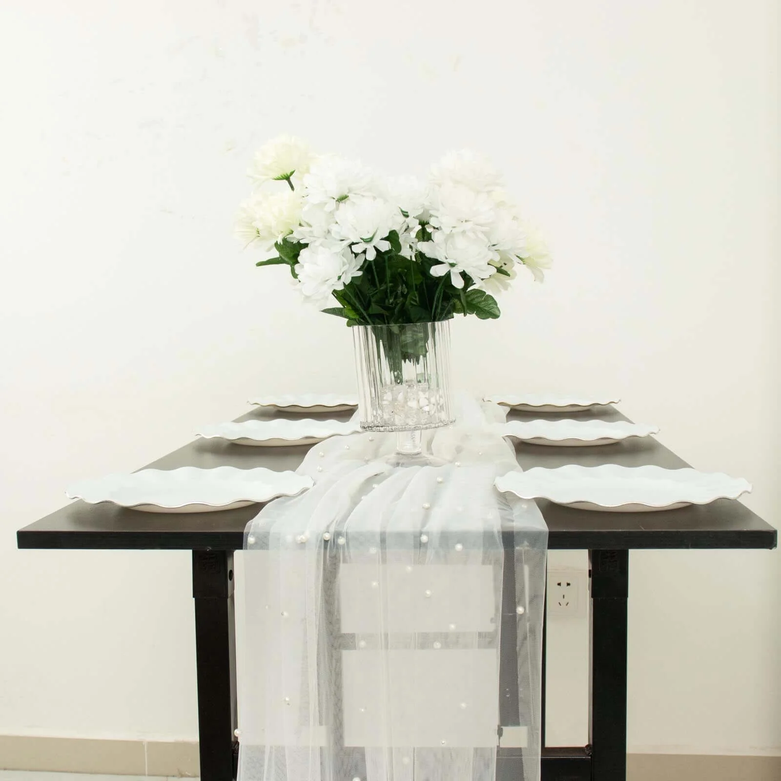 Sheer Tulle Table Runner 48"x120" White Pearl Embellished - Sophisticated Wedding & Event Table Linen - Image 5