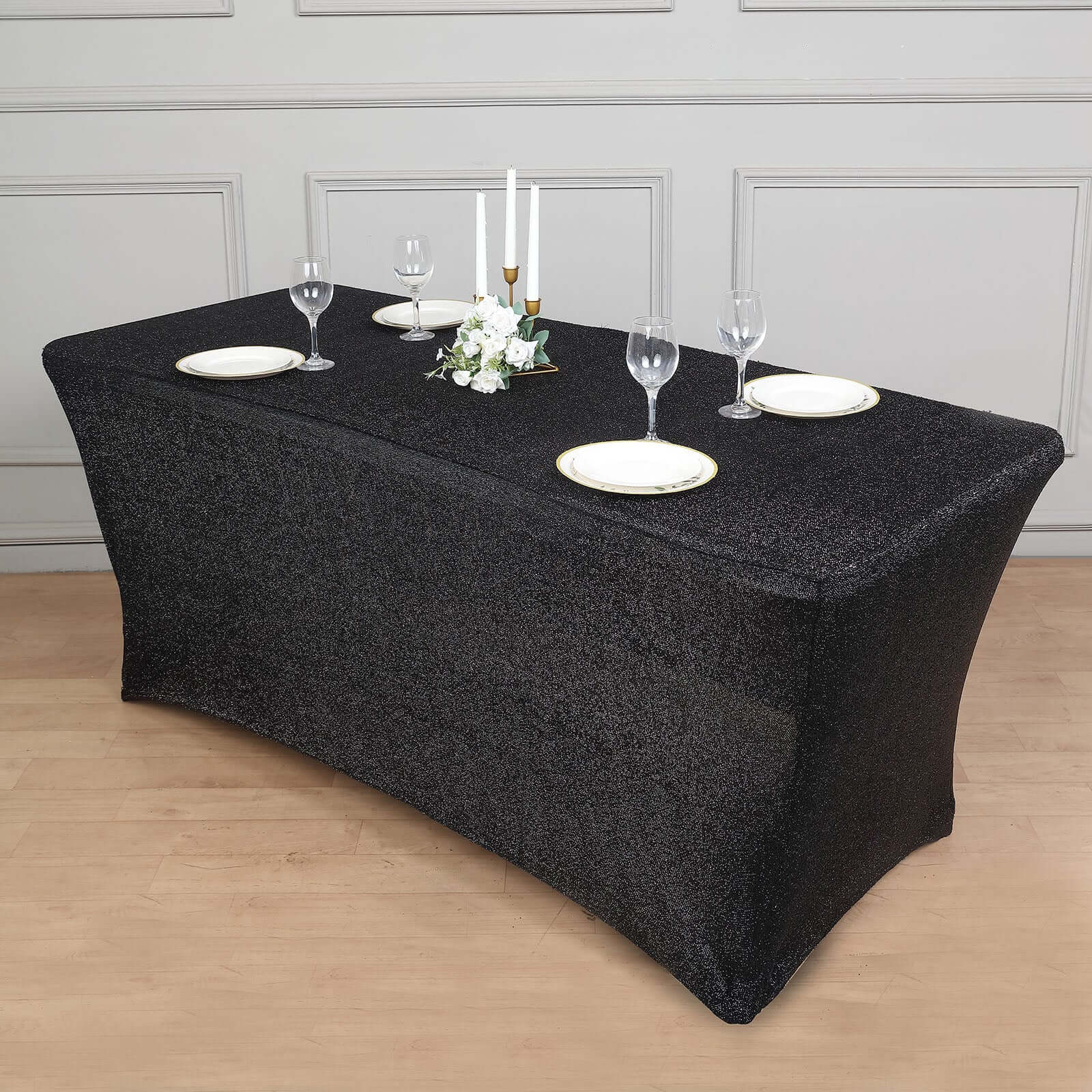 Shimmer Tinsel Spandex Rectangle Tablecloth 72"x30" Metallic Black - Glittered Shiny Table Cover - Image 3