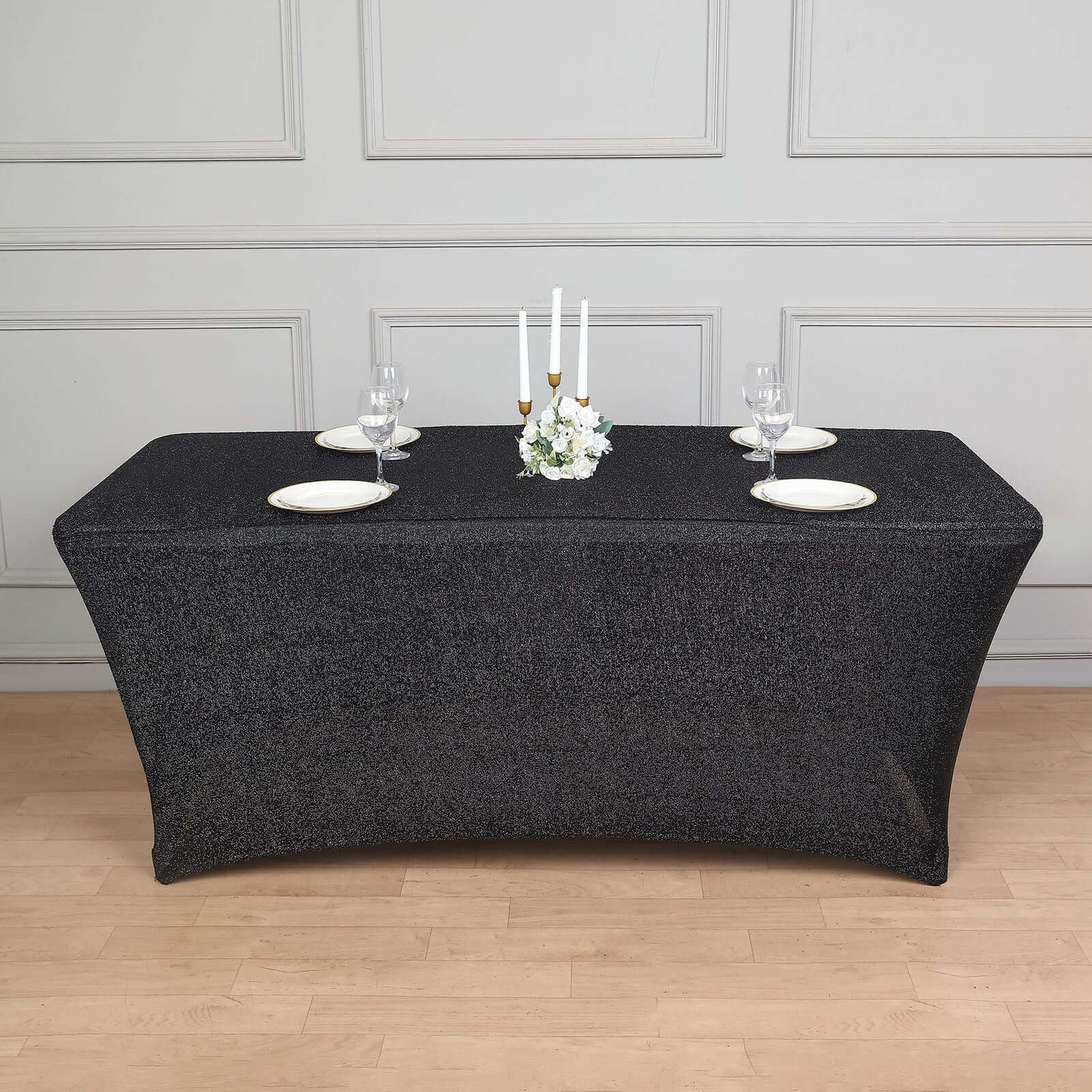 Shimmer Tinsel Spandex Rectangle Tablecloth 72"x30" Metallic Black - Glittered Shiny Table Cover - Image 4