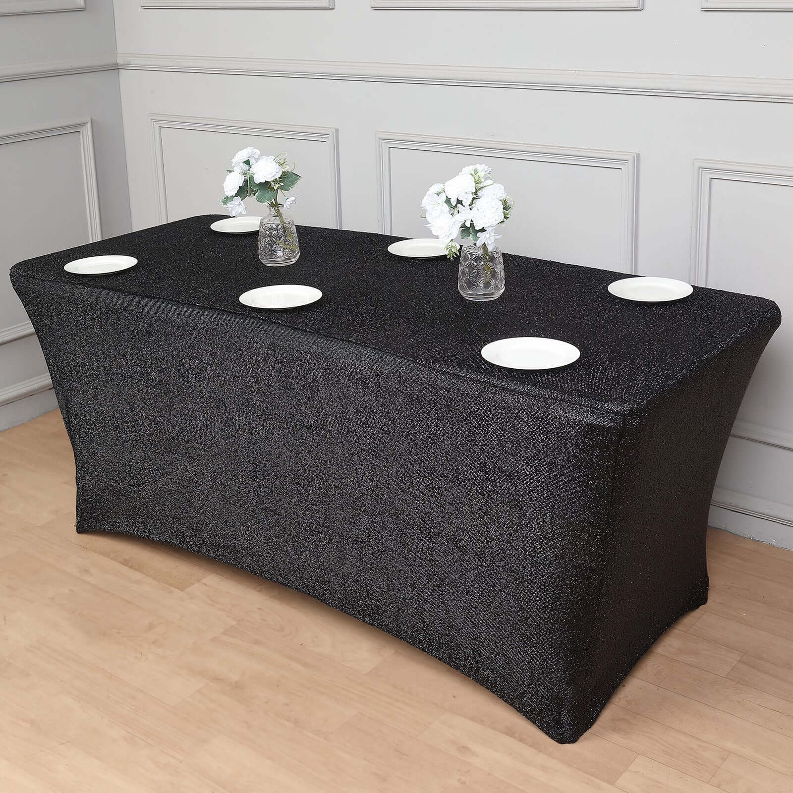 Shimmer Tinsel Spandex Rectangle Tablecloth 72"x30" Metallic Black - Glittered Shiny Table Cover - Image 6
