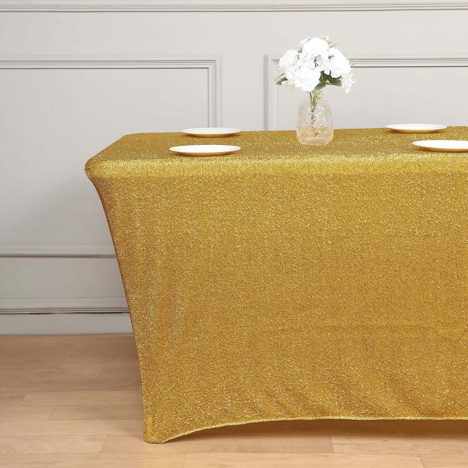 Shimmer Tinsel Spandex Rectangle Tablecloth 72"x30" Metallic Gold Glittered Shiny Stretch Table Cover for Shimmering Event Decor - Image 2