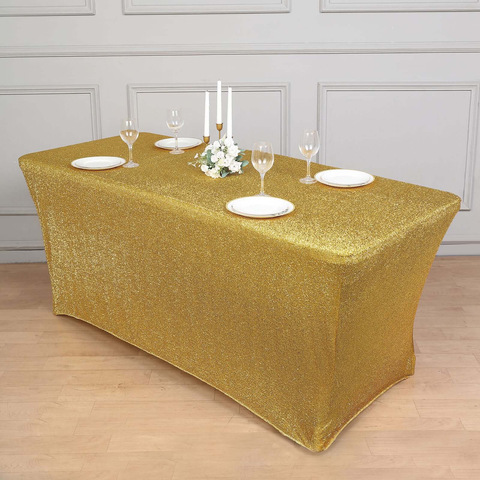 Shimmer Tinsel Spandex Rectangle Tablecloth 72"x30" Metallic Gold Glittered Shiny Stretch Table Cover for Shimmering Event Decor - Image 3
