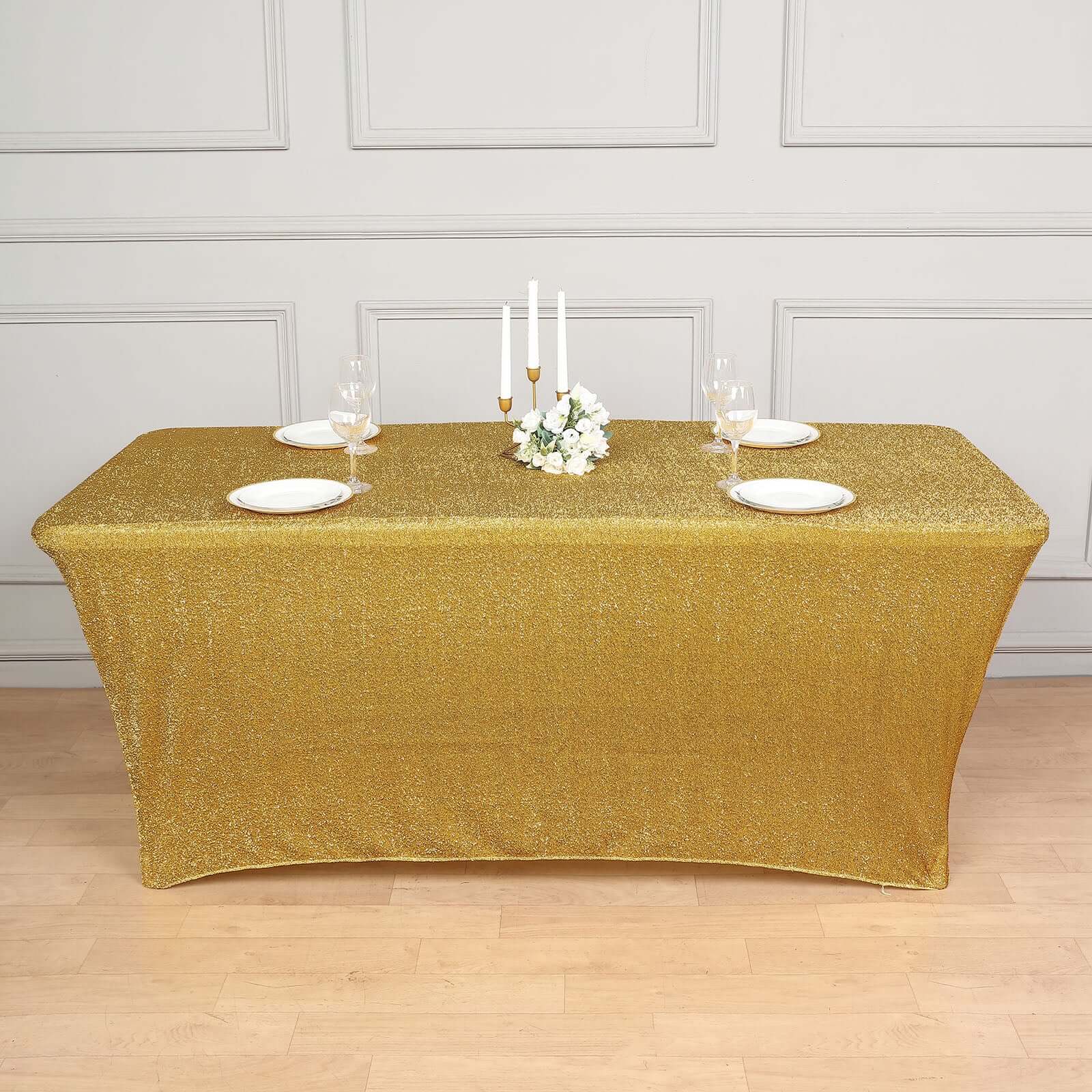 Shimmer Tinsel Spandex Rectangle Tablecloth 72"x30" Metallic Gold Glittered Shiny Stretch Table Cover for Shimmering Event Decor - Image 5
