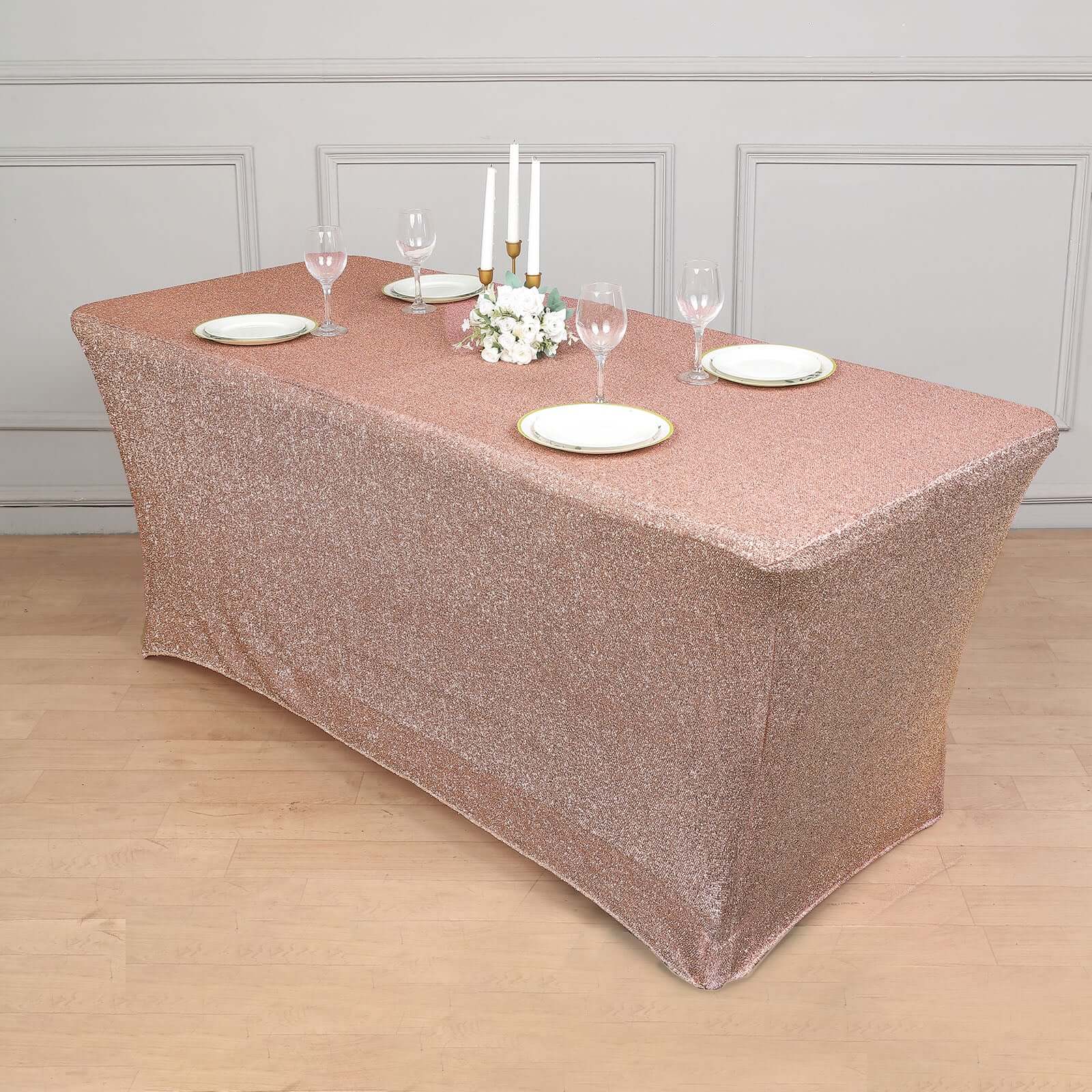 Shimmer Tinsel Spandex Rectangle Tablecloth 72"x30" Metallic Rose Gold - Glittered Shiny Table Cover - Image 3