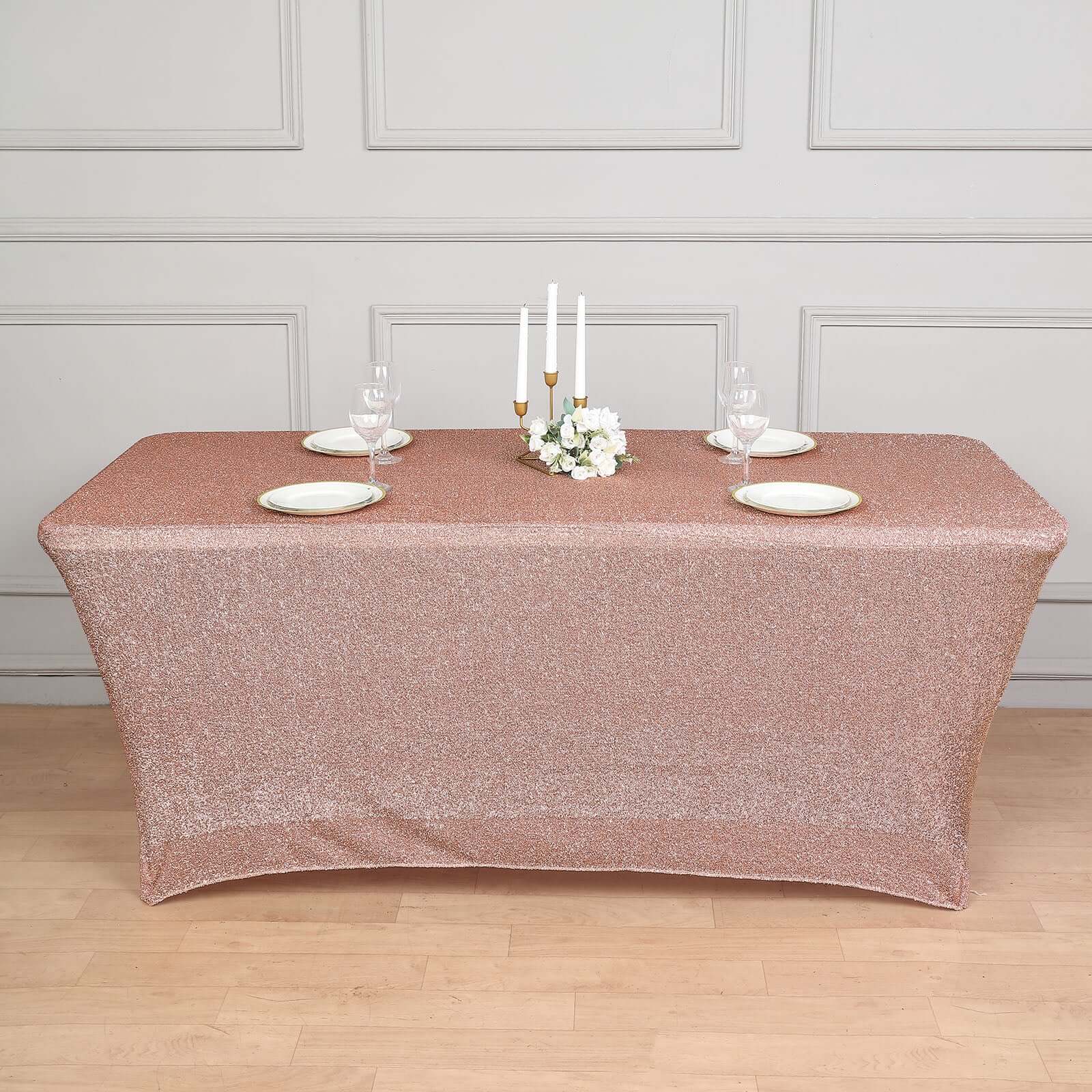 Shimmer Tinsel Spandex Rectangle Tablecloth 72"x30" Metallic Rose Gold - Glittered Shiny Table Cover - Image 4