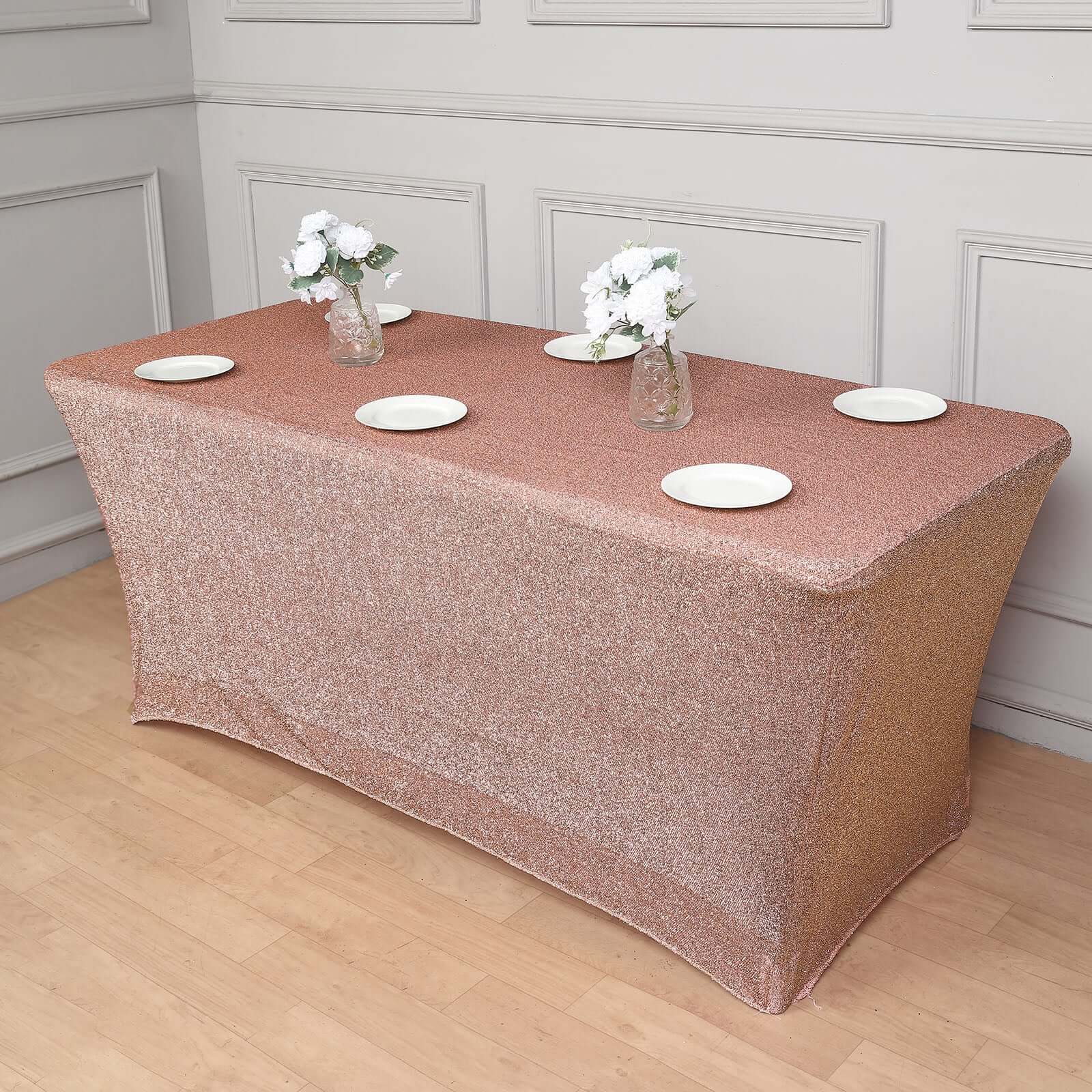Shimmer Tinsel Spandex Rectangle Tablecloth 72"x30" Metallic Rose Gold - Glittered Shiny Table Cover - Image 5