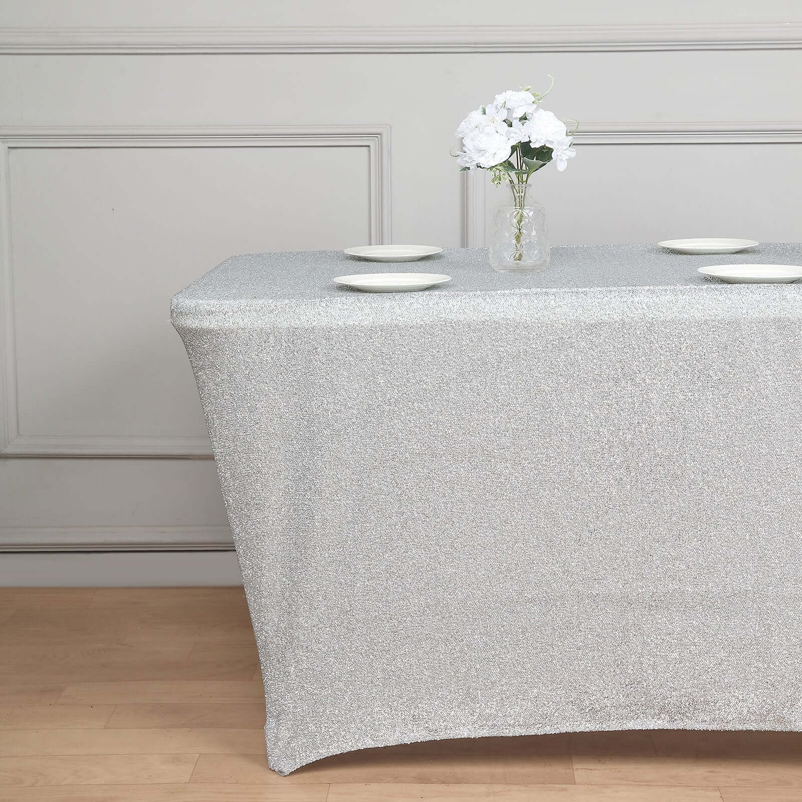Shimmer Tinsel Spandex Rectangle Tablecloth 72"x30" Metallic Silver - Glittered Shiny Table Cover - Image 2