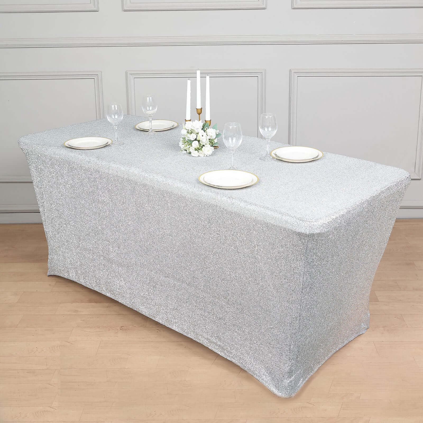 Shimmer Tinsel Spandex Rectangle Tablecloth 72"x30" Metallic Silver - Glittered Shiny Table Cover - Image 3