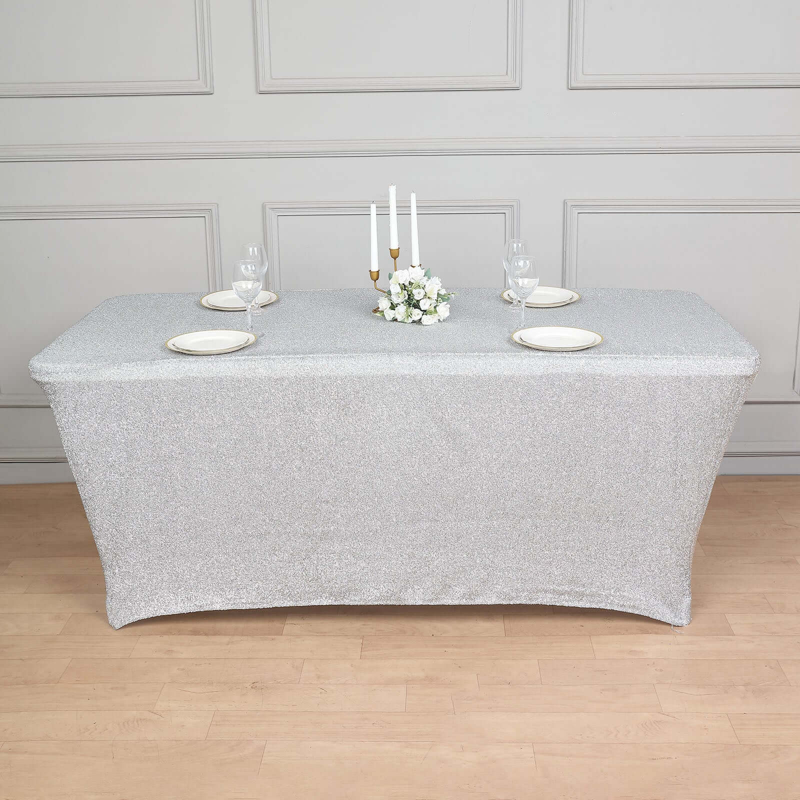 Shimmer Tinsel Spandex Rectangle Tablecloth 72"x30" Metallic Silver - Glittered Shiny Table Cover - Image 4