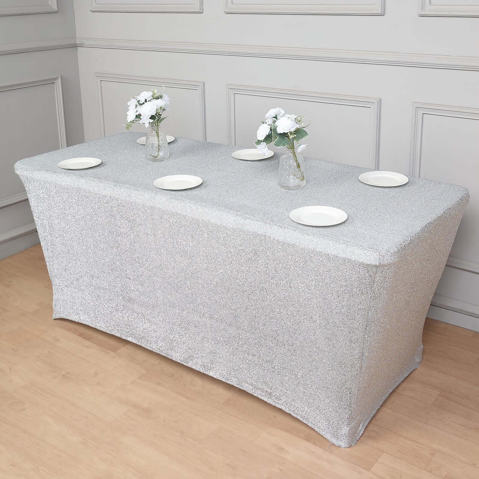 Shimmer Tinsel Spandex Rectangle Tablecloth 72"x30" Metallic Silver - Glittered Shiny Table Cover - Image 5