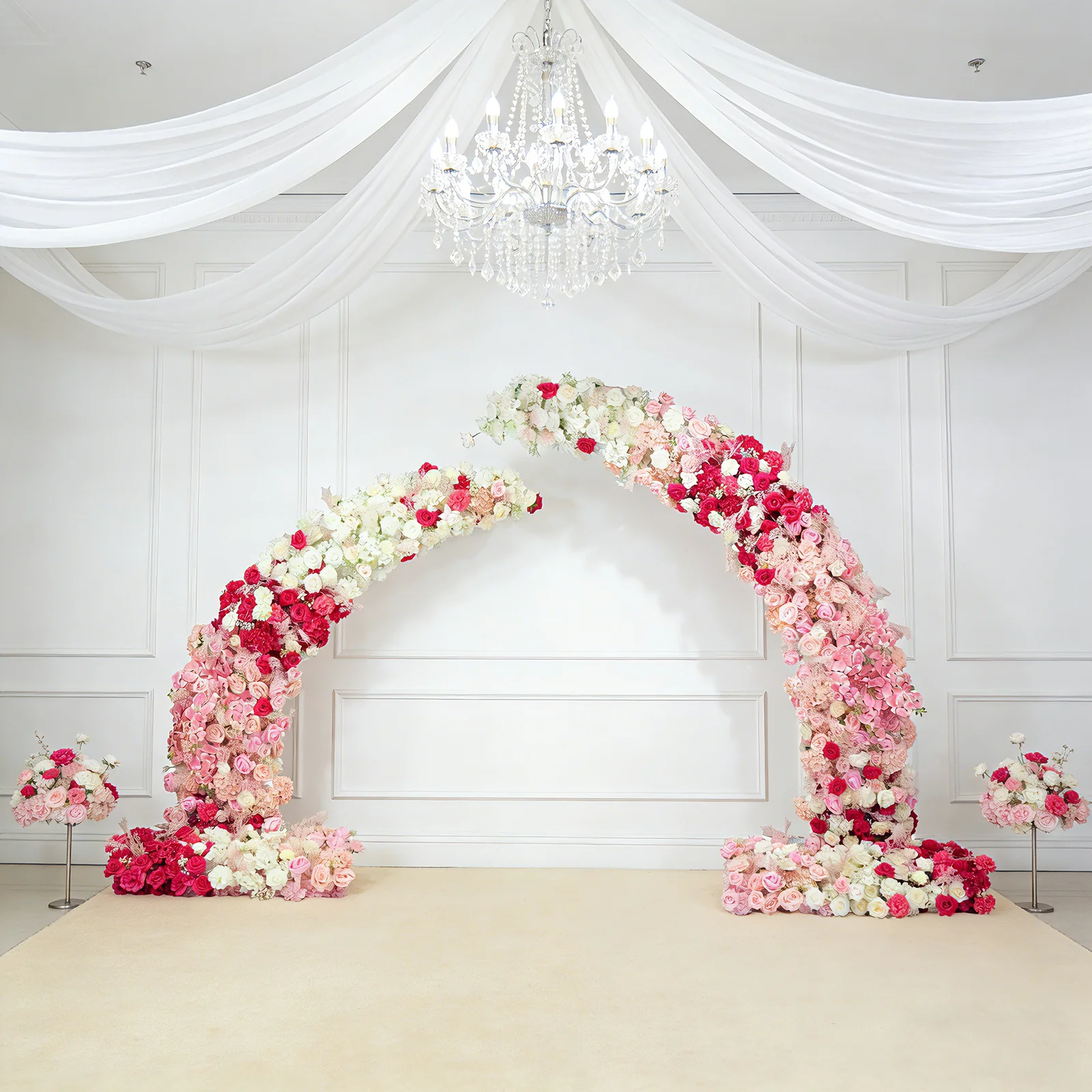 Silk Floral Backdrop for 6.5ft Half Crescent Wedding Arch – Foam-Backed Artificial Flower Arch in White & Pink Mix with Roses, Hydrangeas & Chrysanthemums - Image 9