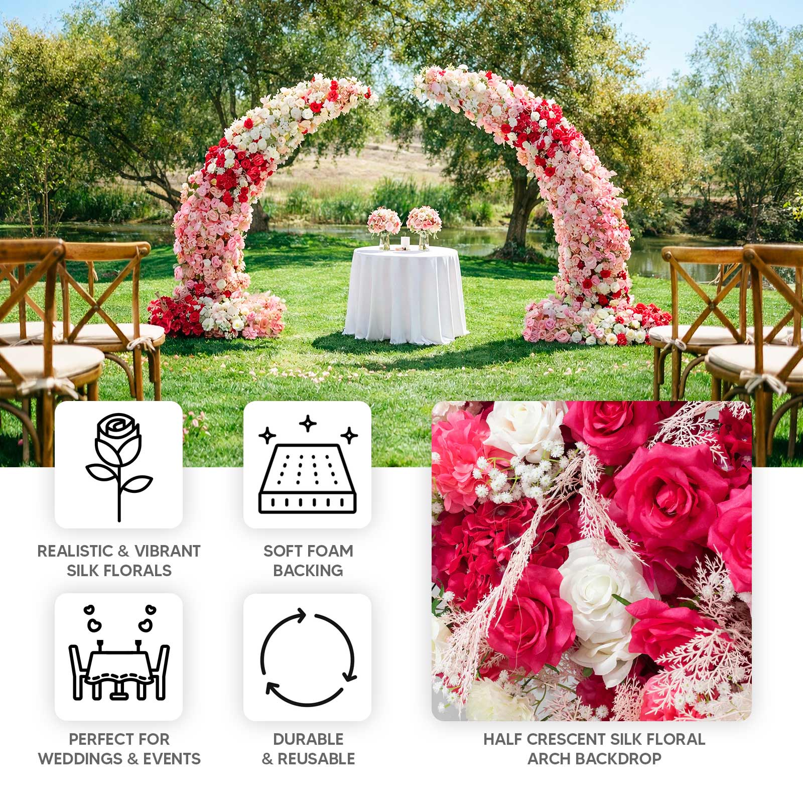 Silk Floral Backdrop for 8ft Half Crescent Wedding Arch – Foam-Backed Artificial Flower Arch in Dusty Rose Mix with Roses, Hydrangeas & Chrysanthemums - Image 4