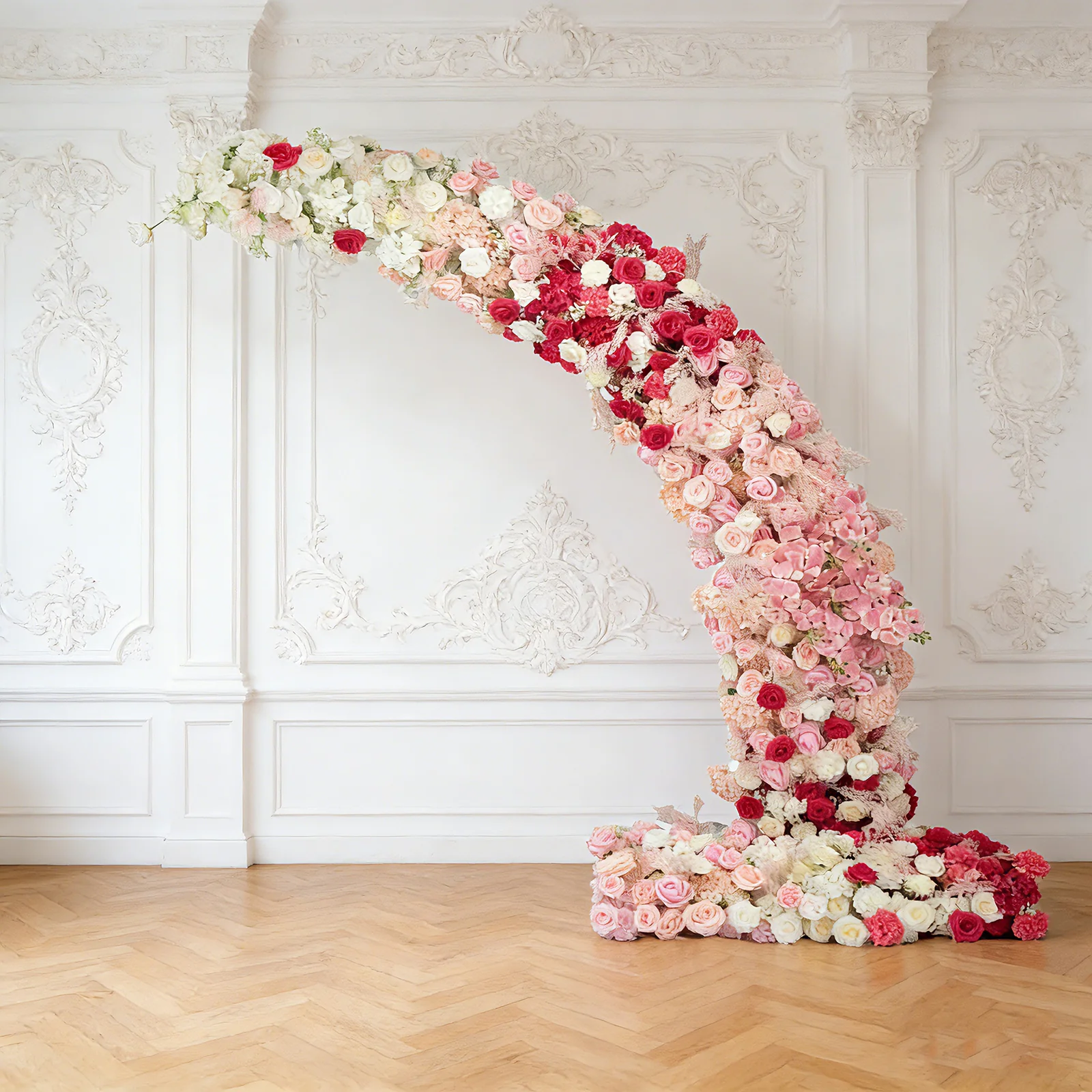 Silk Floral Backdrop for 8ft Half Crescent Wedding Arch – Foam-Backed Artificial Flower Arch in White & Pink Mix with Roses, Hydrangeas & Chrysanthemums