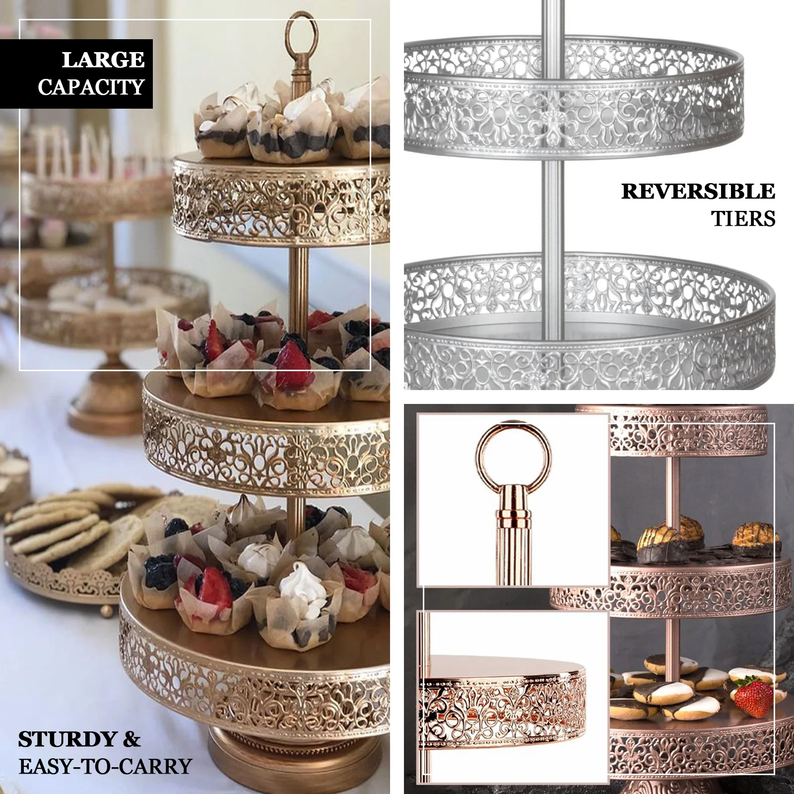 Metal Cupcake Stand 23" 3-Tier Reversible Design Silver - Dessert Holder and Serving Tray - Image 4