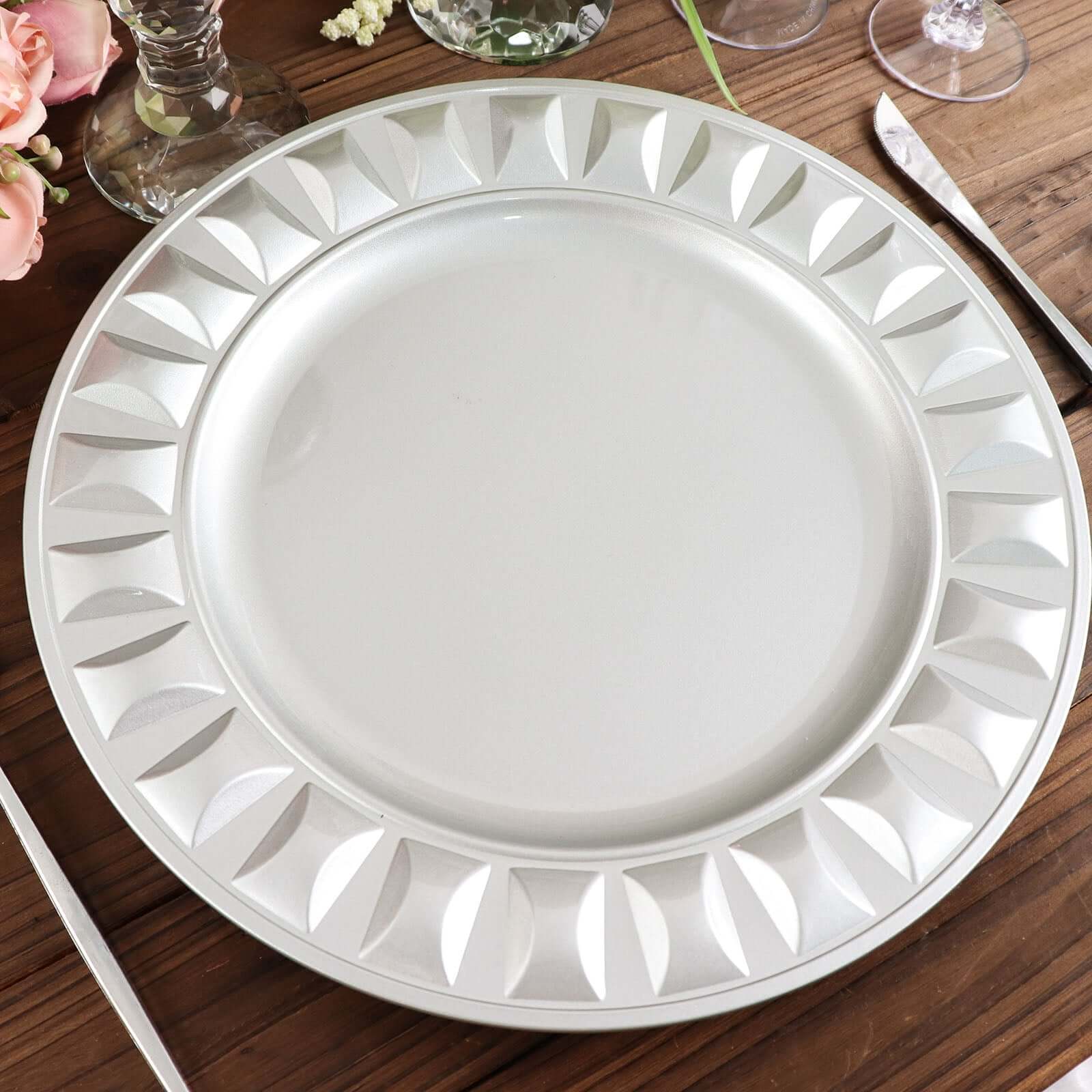 6-Pack Plastic Charger Plates 13" Round Silver Bejeweled Rim - Dinner Charger Tableware
