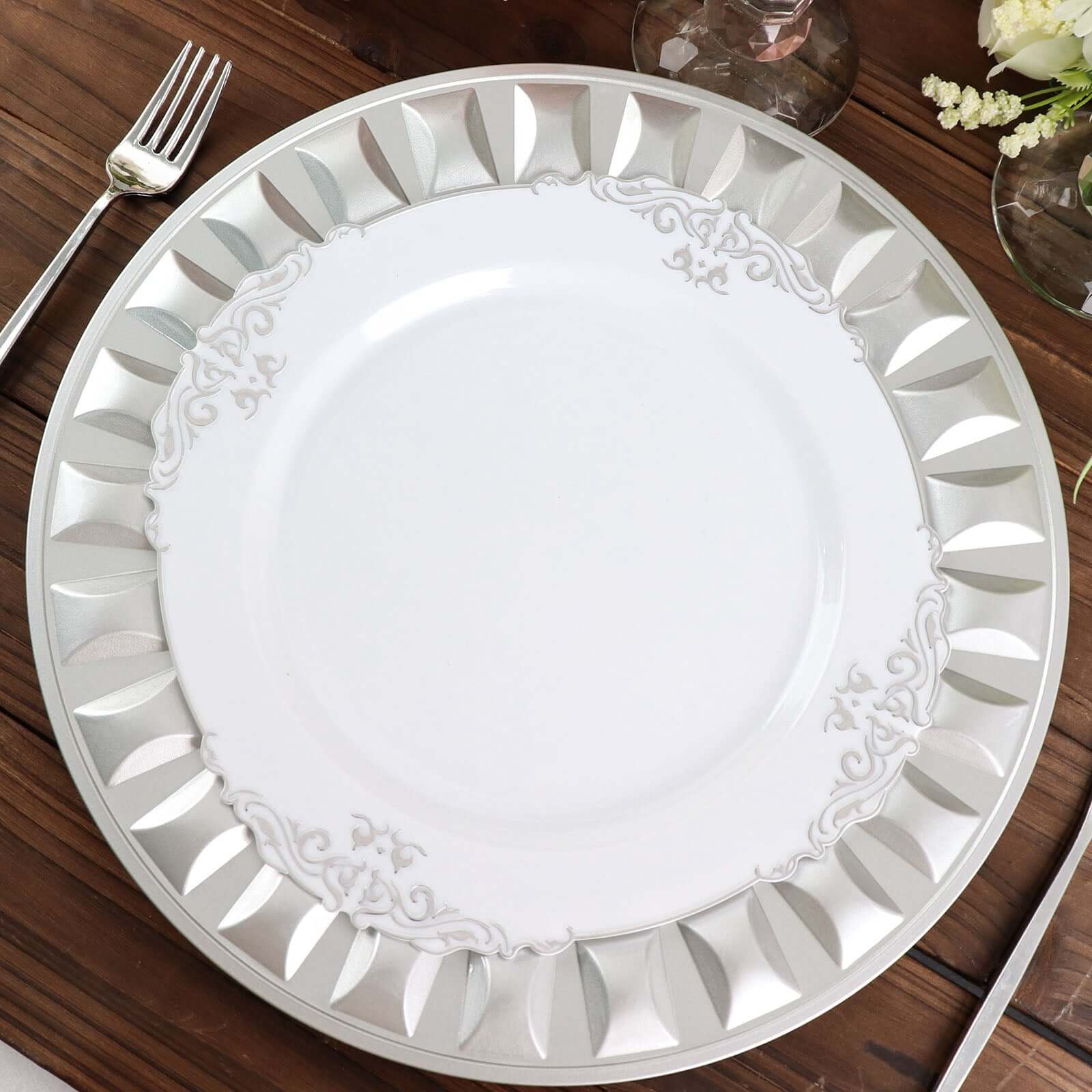6-Pack Plastic Charger Plates 13" Round Silver Bejeweled Rim - Dinner Charger Tableware - Image 10