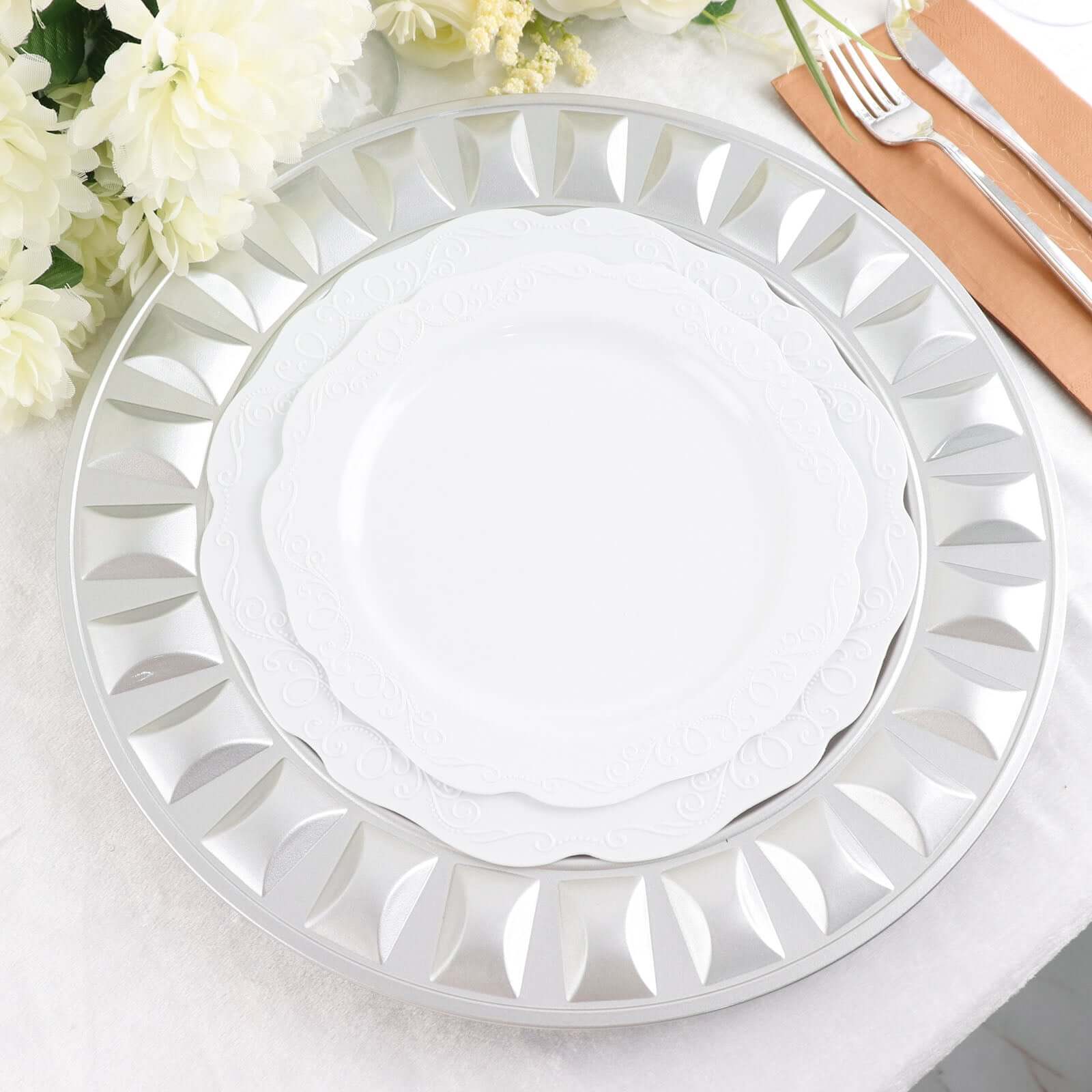 6-Pack Plastic Charger Plates 13" Round Silver Bejeweled Rim - Dinner Charger Tableware - Image 2