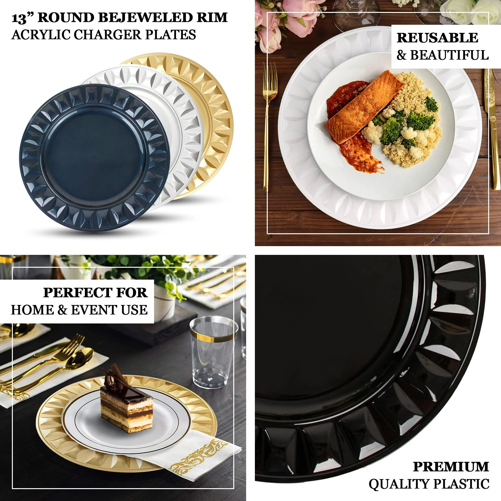 6-Pack Plastic Charger Plates 13" Round Silver Bejeweled Rim - Dinner Charger Tableware - Image 4