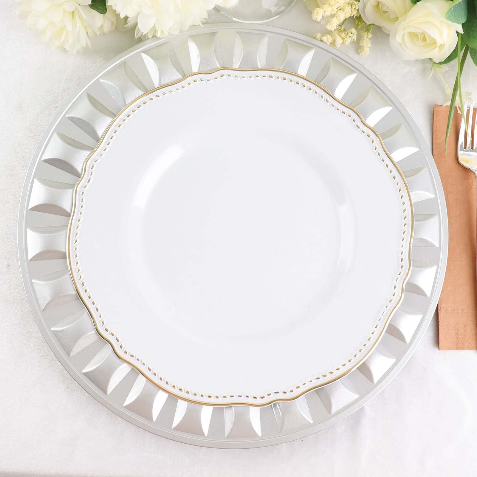 6-Pack Plastic Charger Plates 13" Round Silver Bejeweled Rim - Dinner Charger Tableware - Image 8